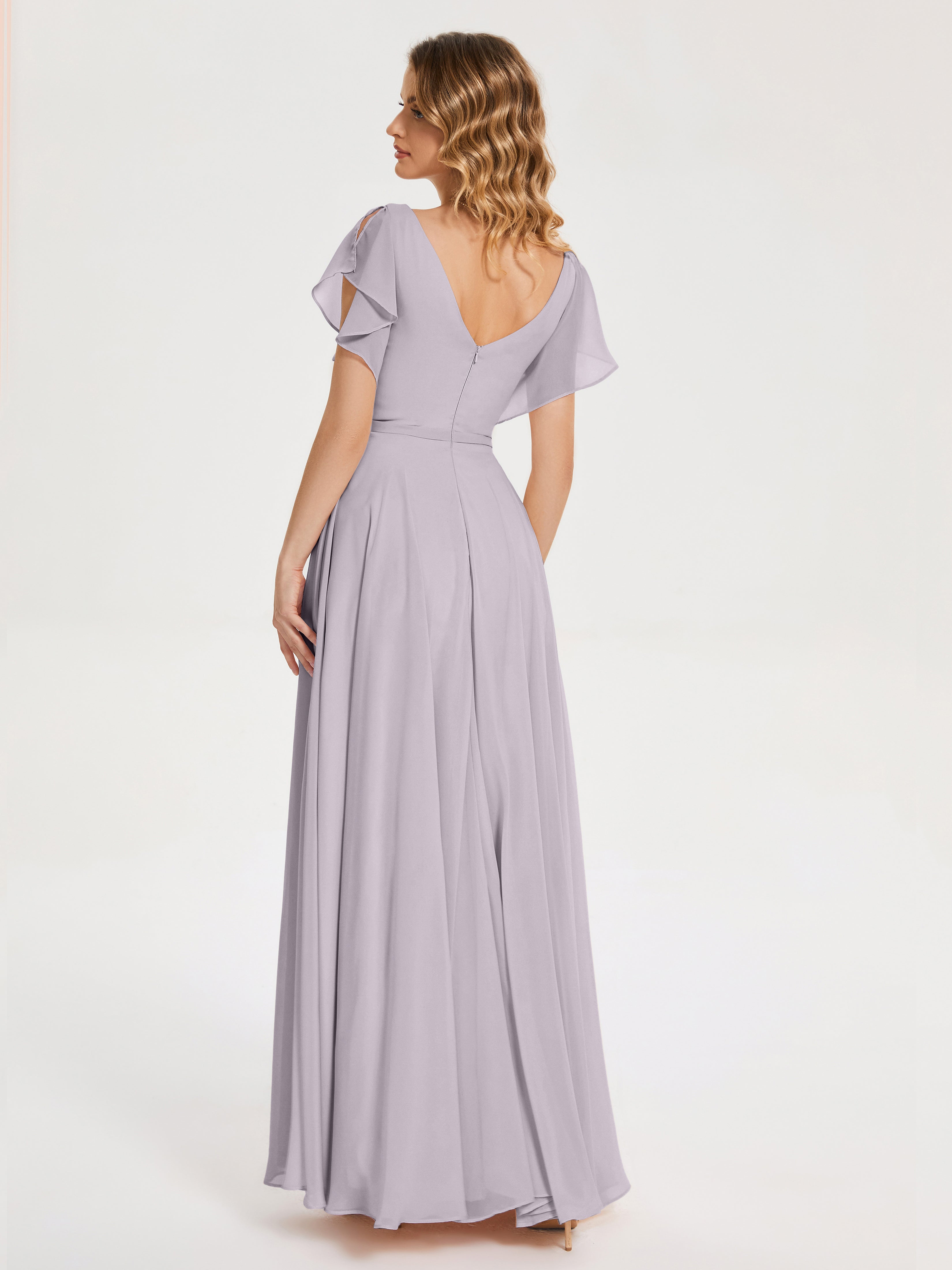 Robes De Demoiselle D'Honneur Crépuscule Col V Fendue Mousseline Robes Demoiselle D'Honneur À Volants