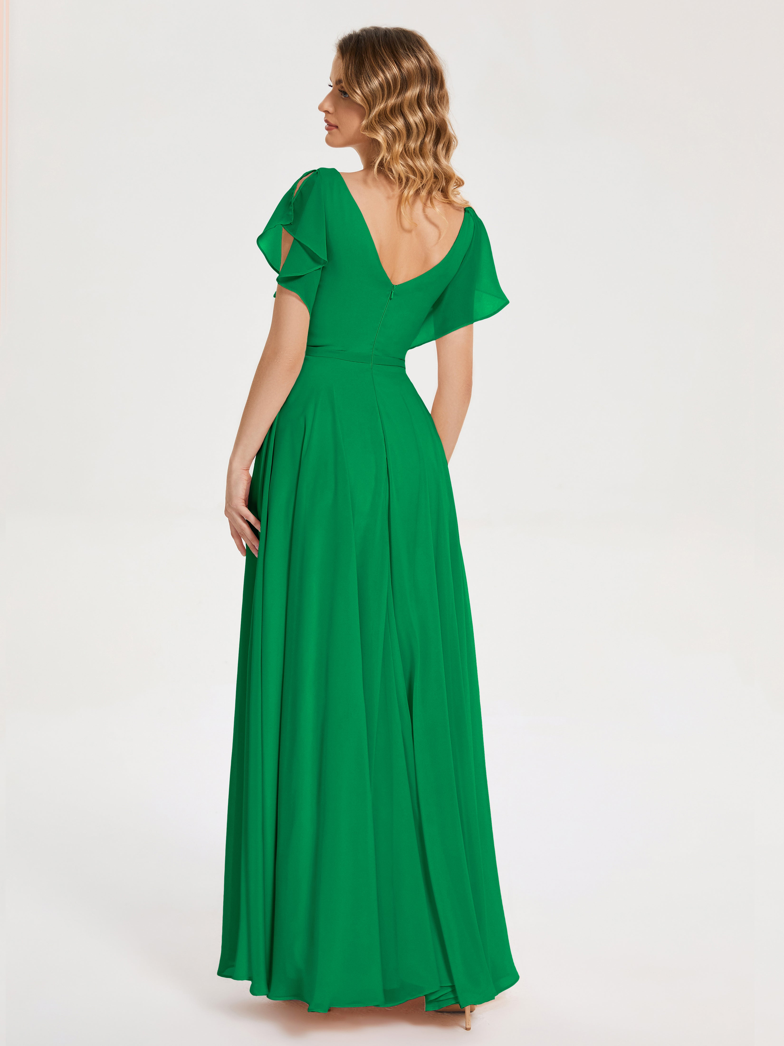 Demoiselle D Honneur Vert Émeraude Col V Fendue Mousseline Robes Demoiselle D'Honneur À Volants