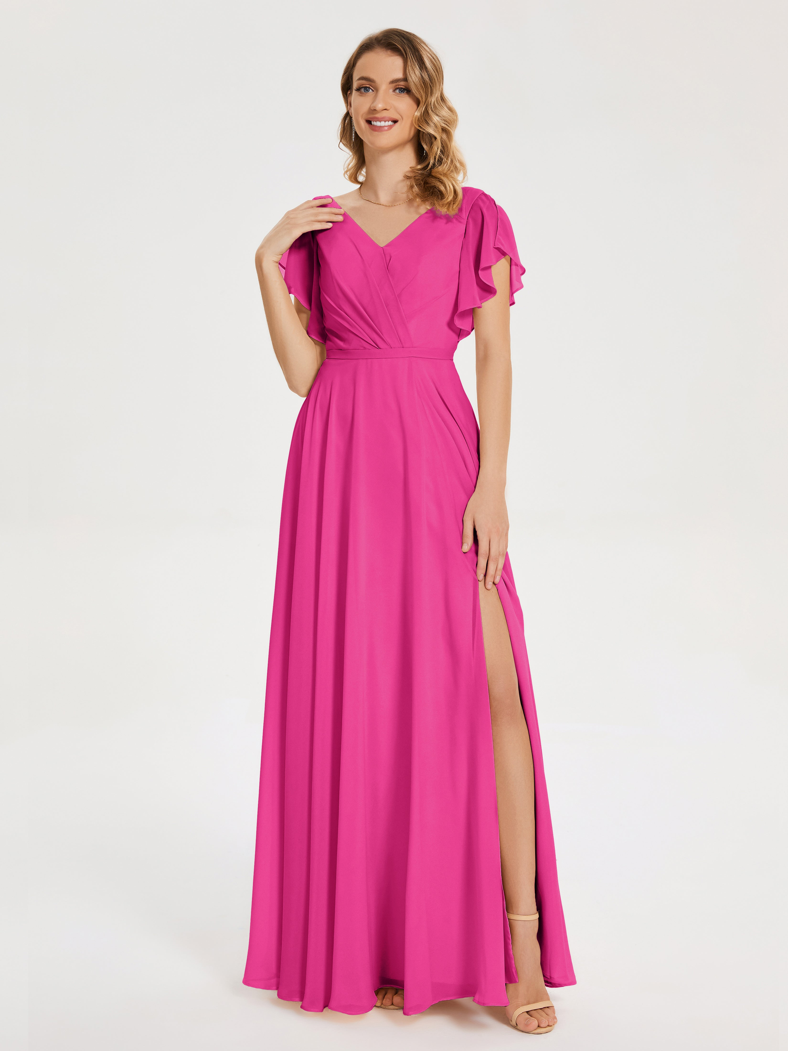Robe Fuchsia Demoiselle D Honneur Col V Fendue Mousseline Robes Demoiselle D'Honneur À Volants