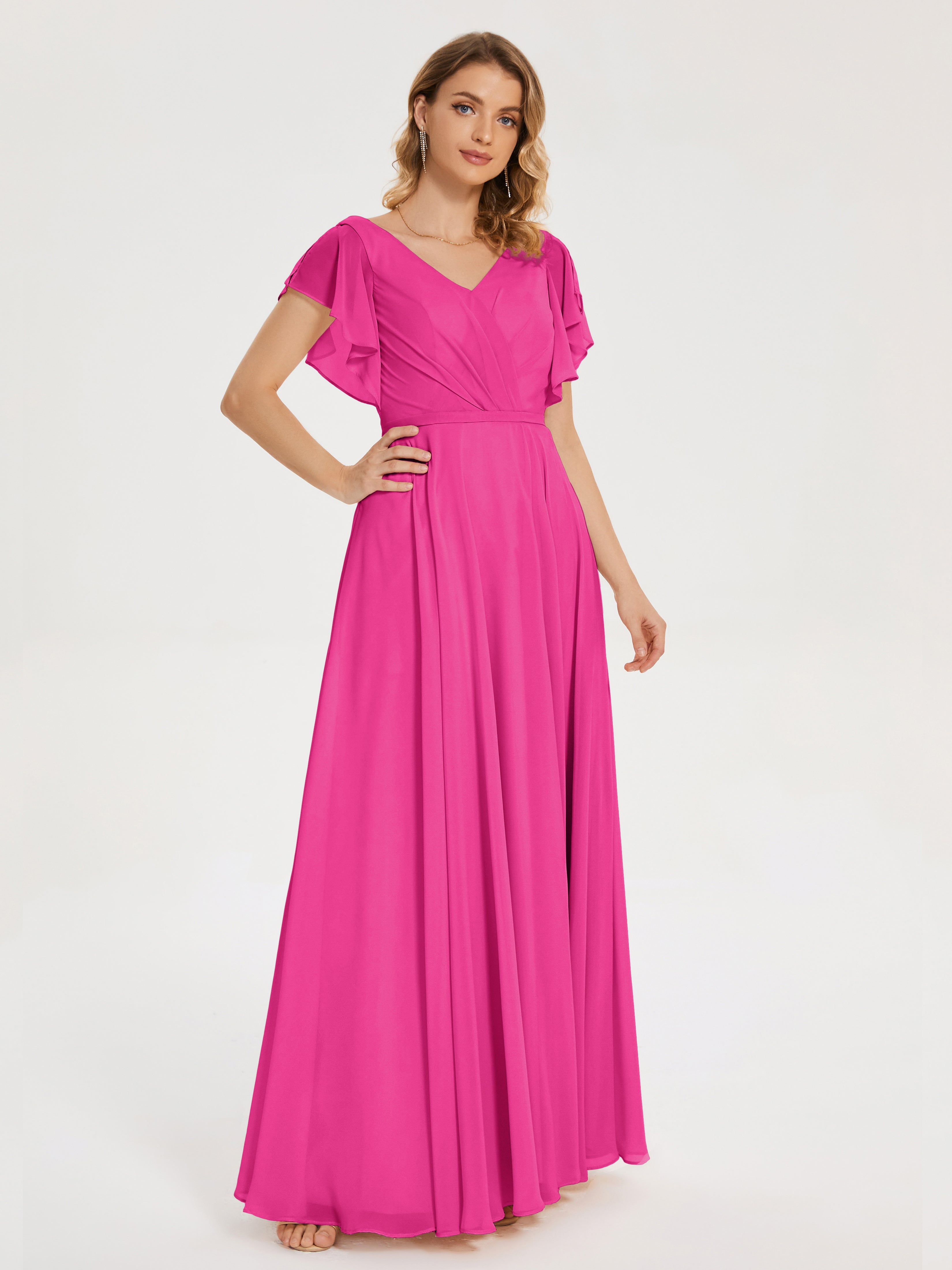 Robe Fuchsia Demoiselle D Honneur Col V Fendue Mousseline Robes Demoiselle D'Honneur À Volants