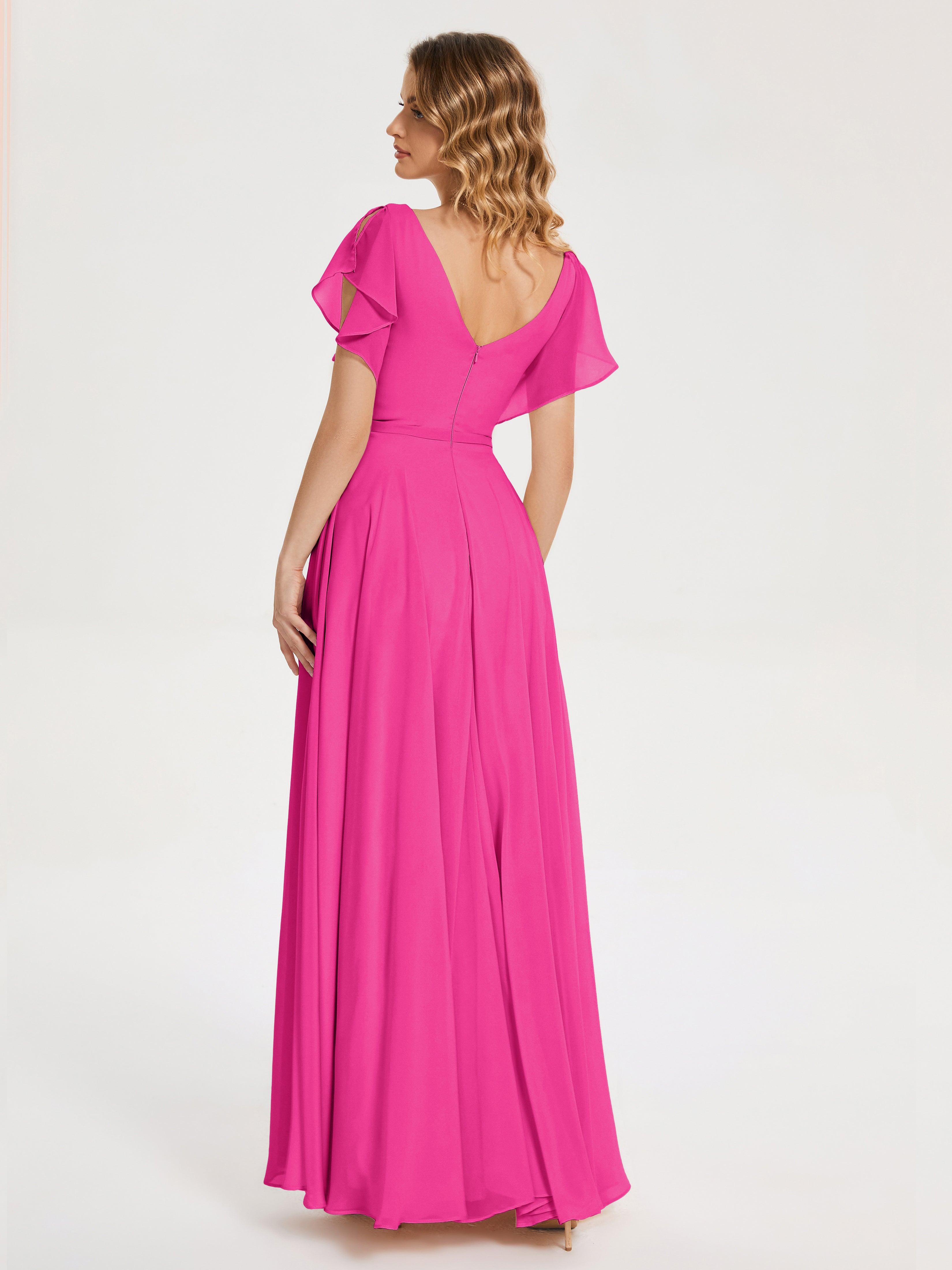 Robe Fuchsia Demoiselle D Honneur Col V Fendue Mousseline Robes Demoiselle D'Honneur À Volants