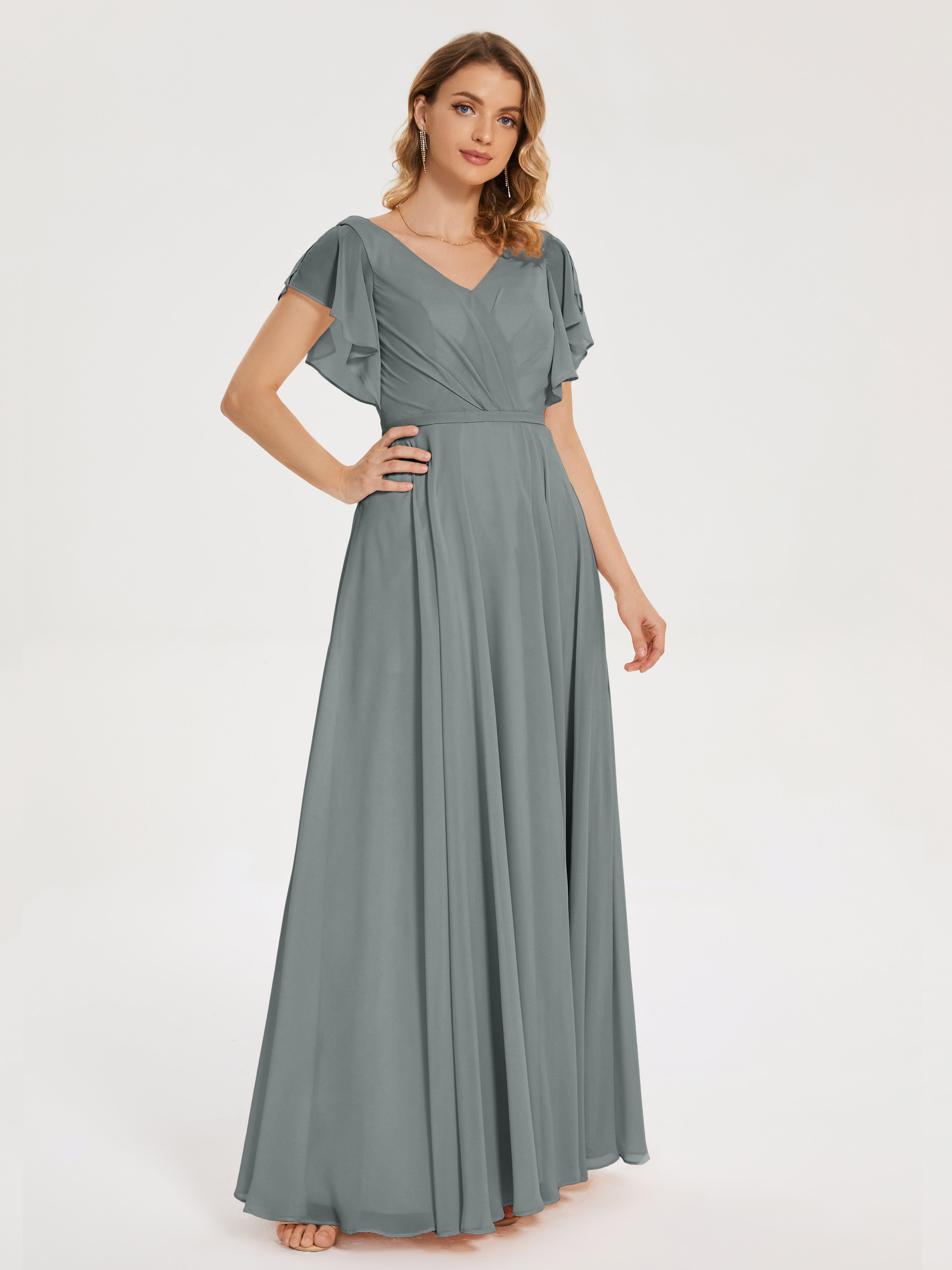 Robe Demoiselle D Honneur Gris Col V Fendue Mousseline Robes Demoiselle D'Honneur À Volants