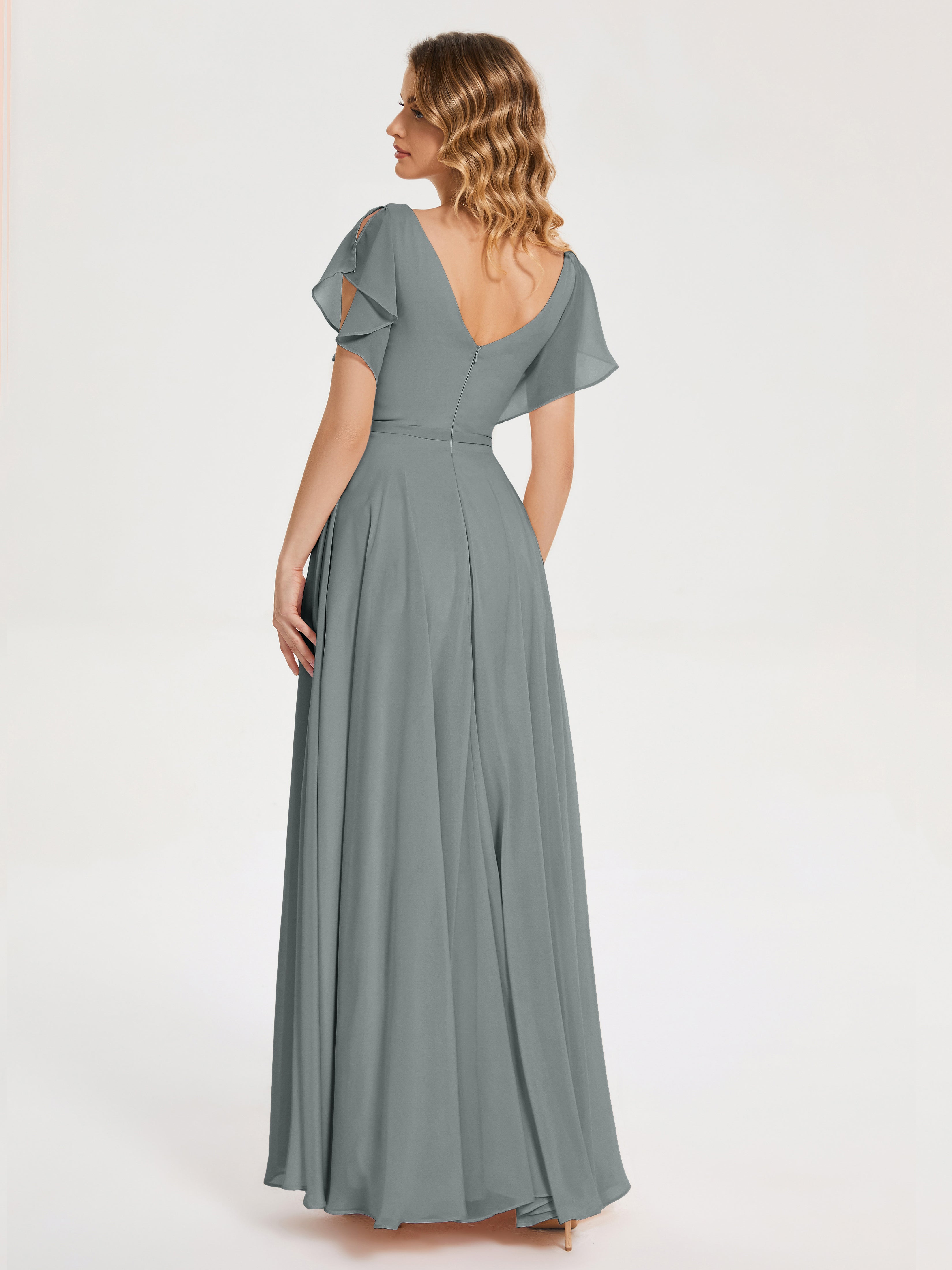 Robe Demoiselle D Honneur Gris Col V Fendue Mousseline Robes Demoiselle D'Honneur À Volants