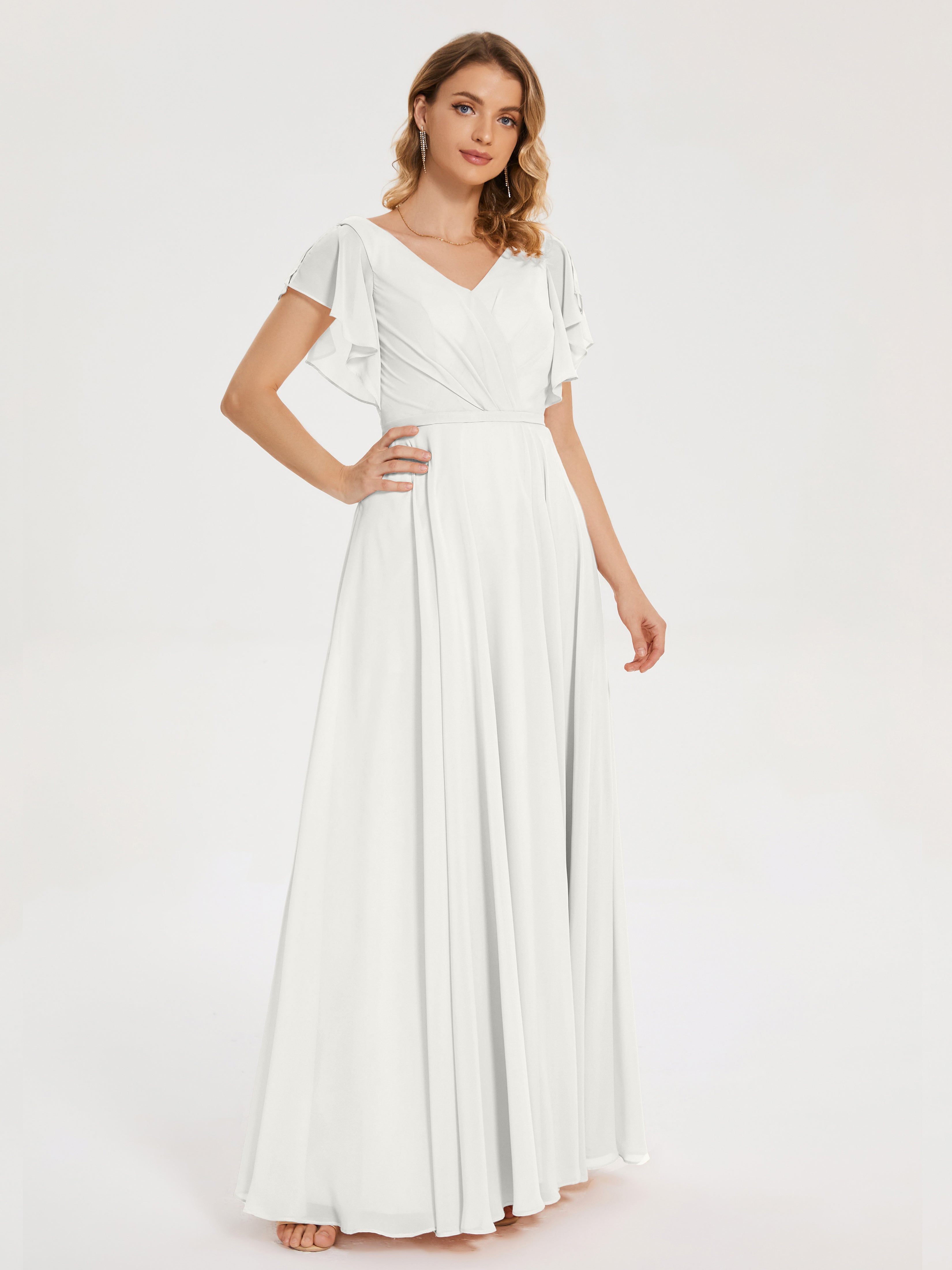 Robe Ivoire Demoiselle D Honneur Col V Fendue Mousseline Robes Demoiselle D'Honneur À Volants