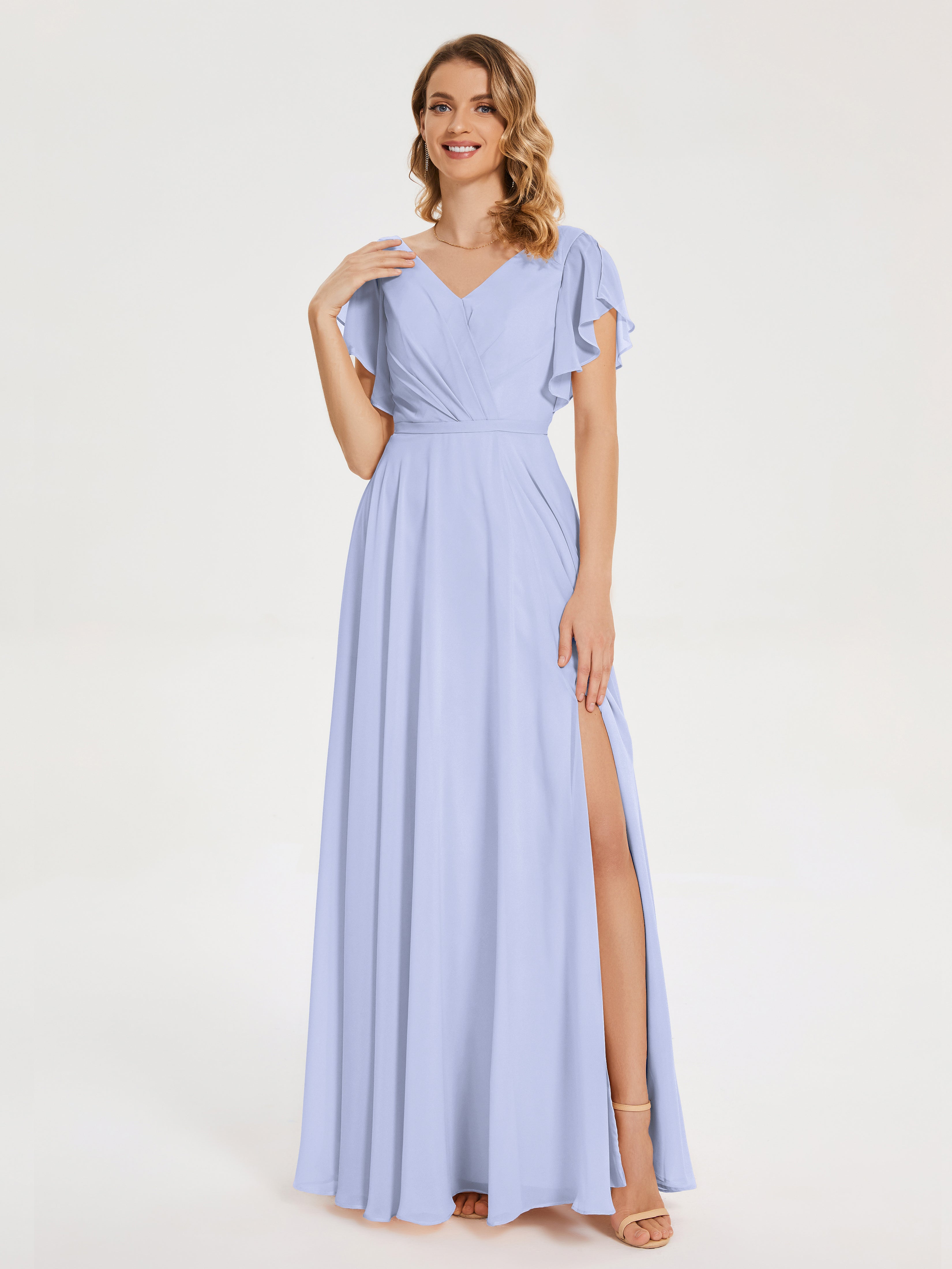 Robe Demoiselle D Honneur Couleur Lavande Col V Fendue Mousseline Robes Demoiselle D'Honneur À Volants