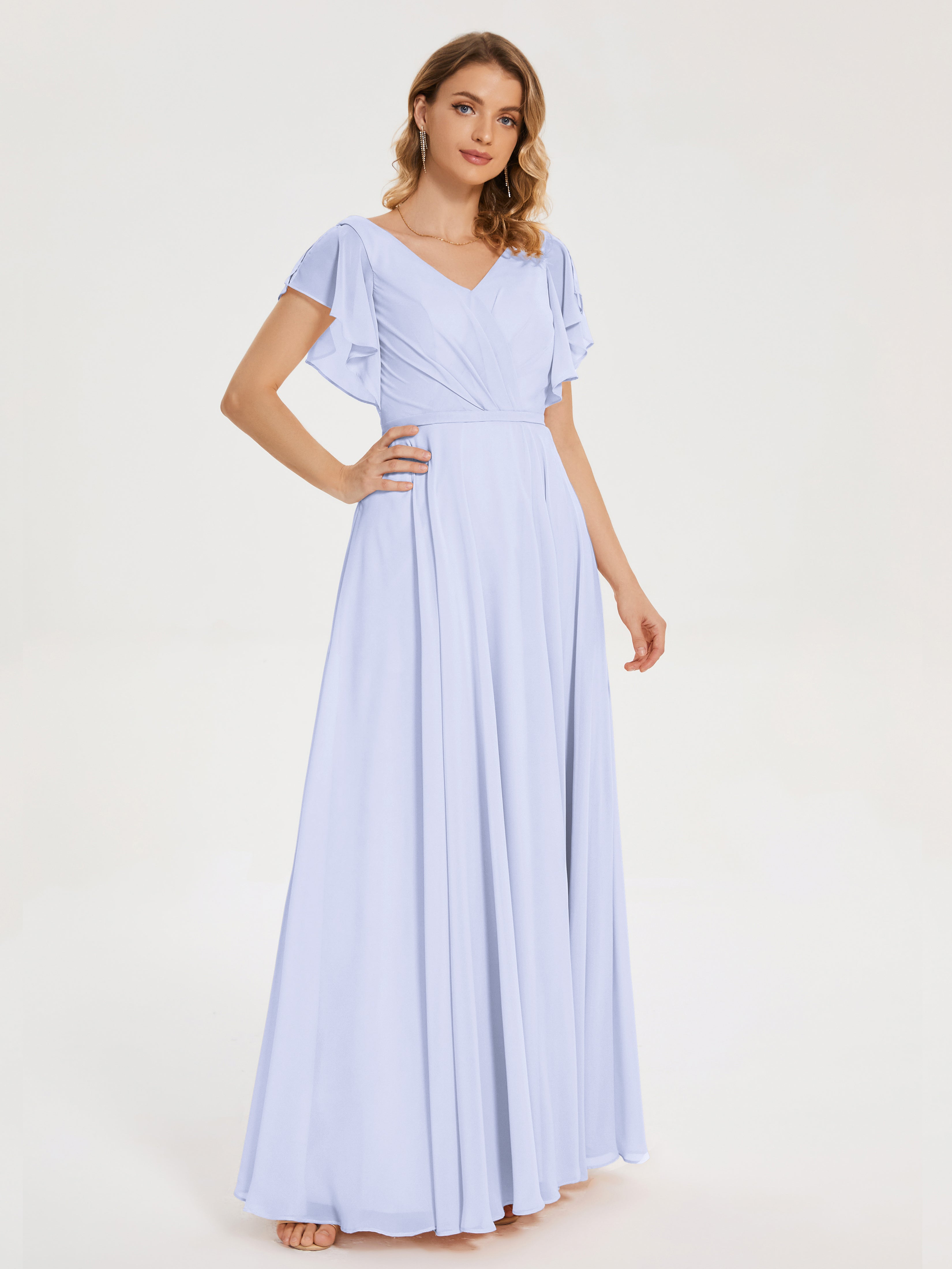 Robe Demoiselle D Honneur Couleur Lavande Col V Fendue Mousseline Robes Demoiselle D'Honneur À Volants