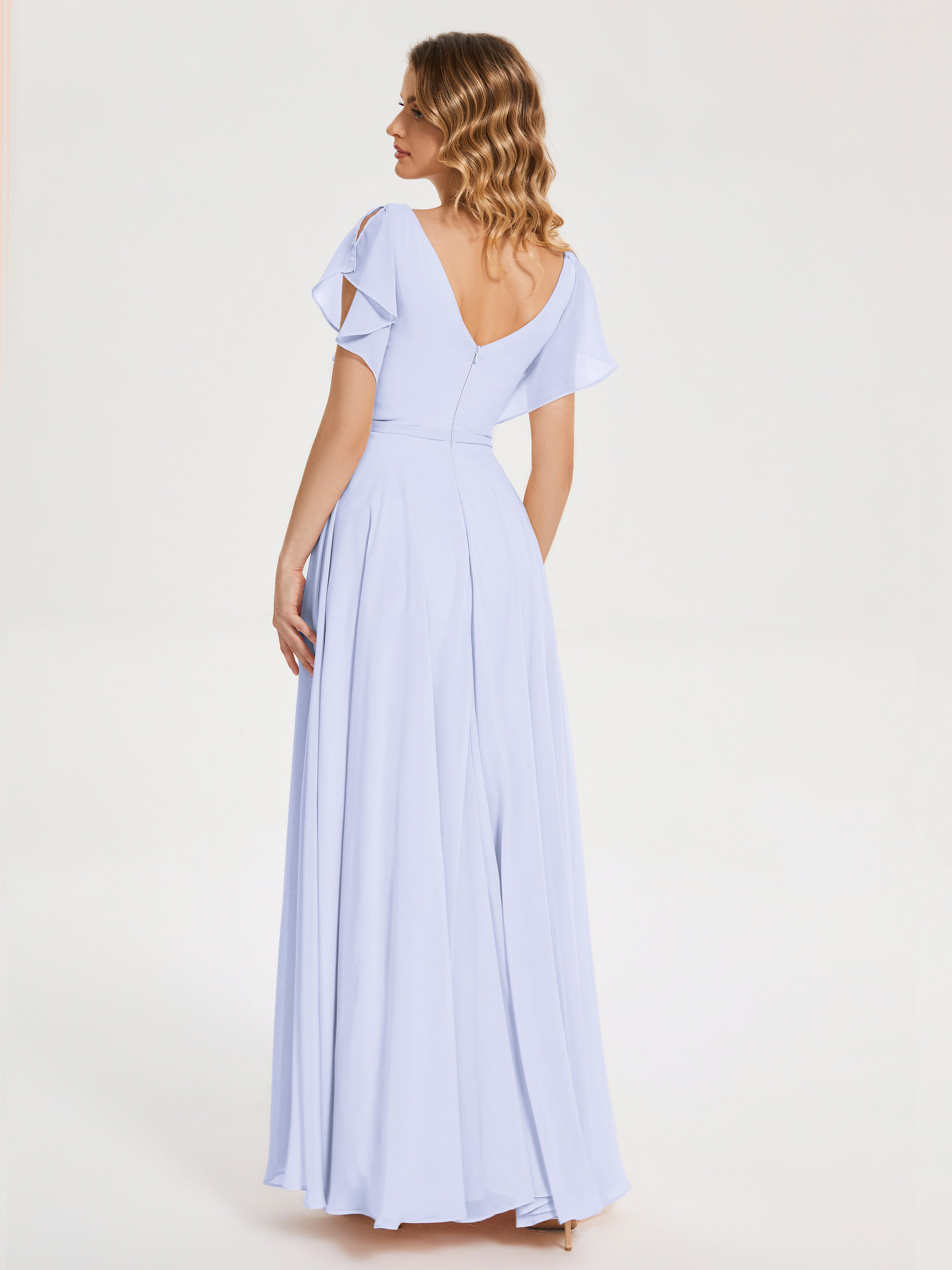 Robe Demoiselle D Honneur Couleur Lavande Col V Fendue Mousseline Robes Demoiselle D'Honneur À Volants