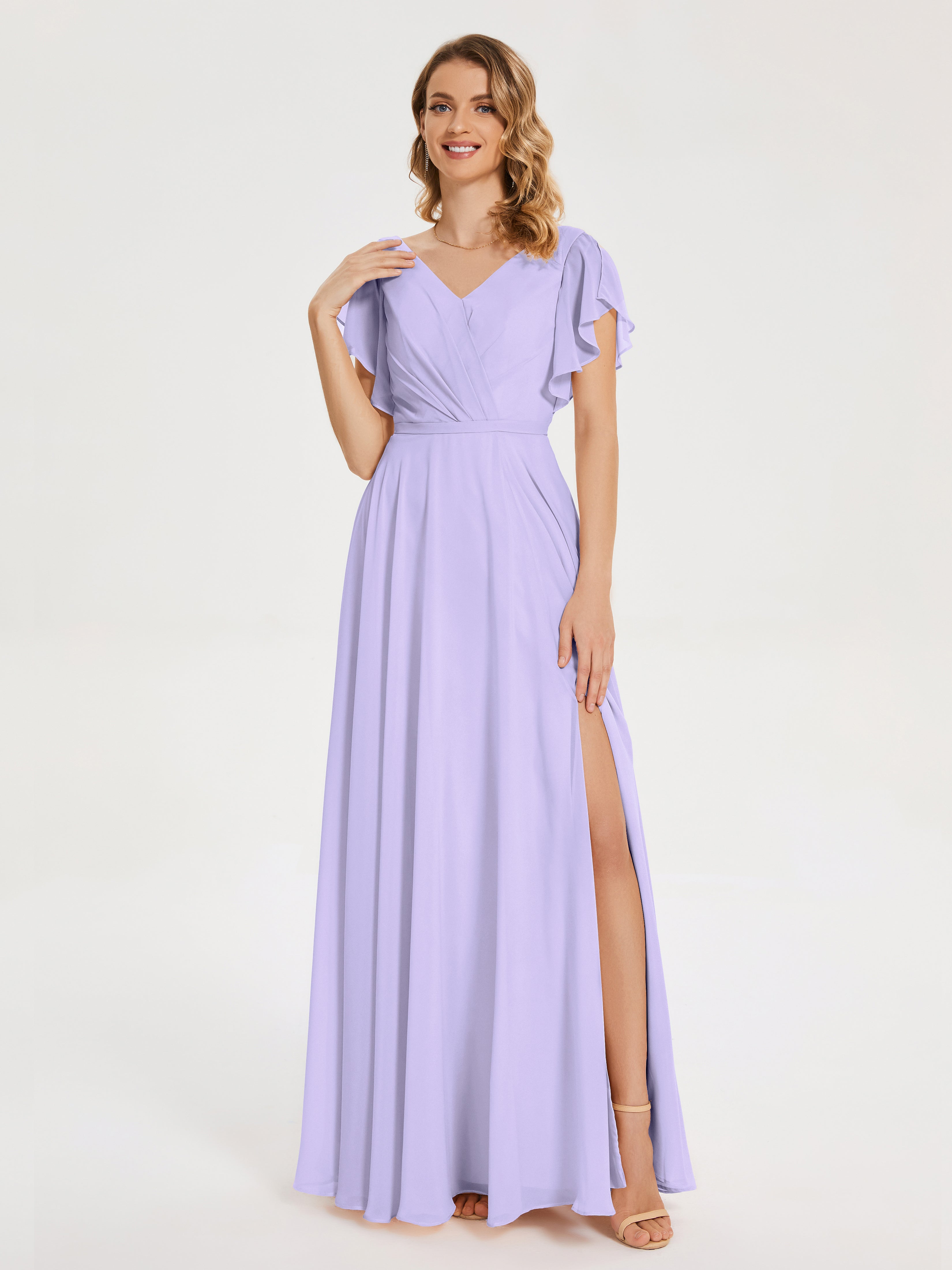 Robe De Demoiselle D Honneur Lilas Col V Fendue Mousseline Robes Demoiselle D'Honneur À Volants