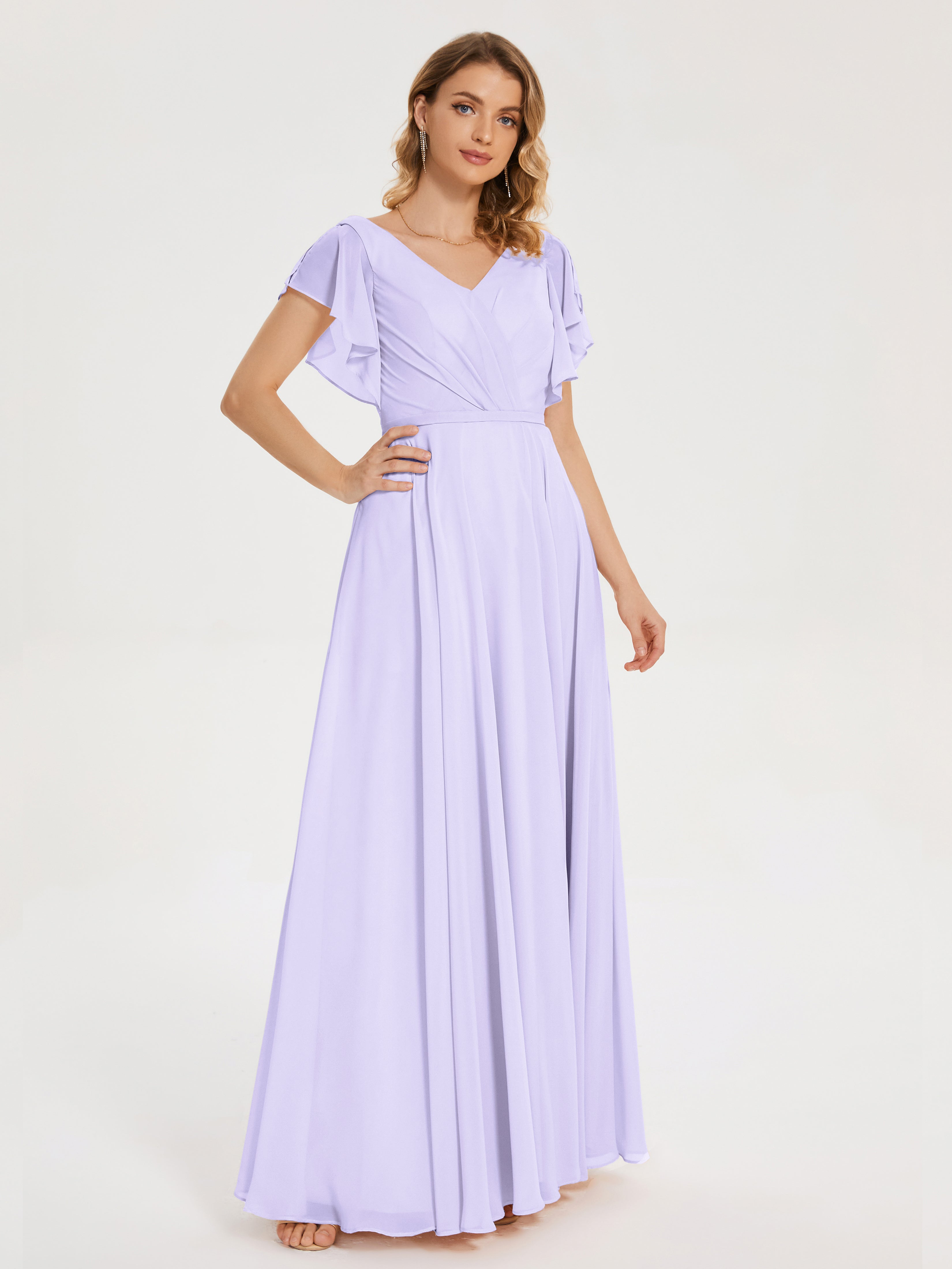 Robe De Demoiselle D Honneur Lilas Col V Fendue Mousseline Robes Demoiselle D'Honneur À Volants