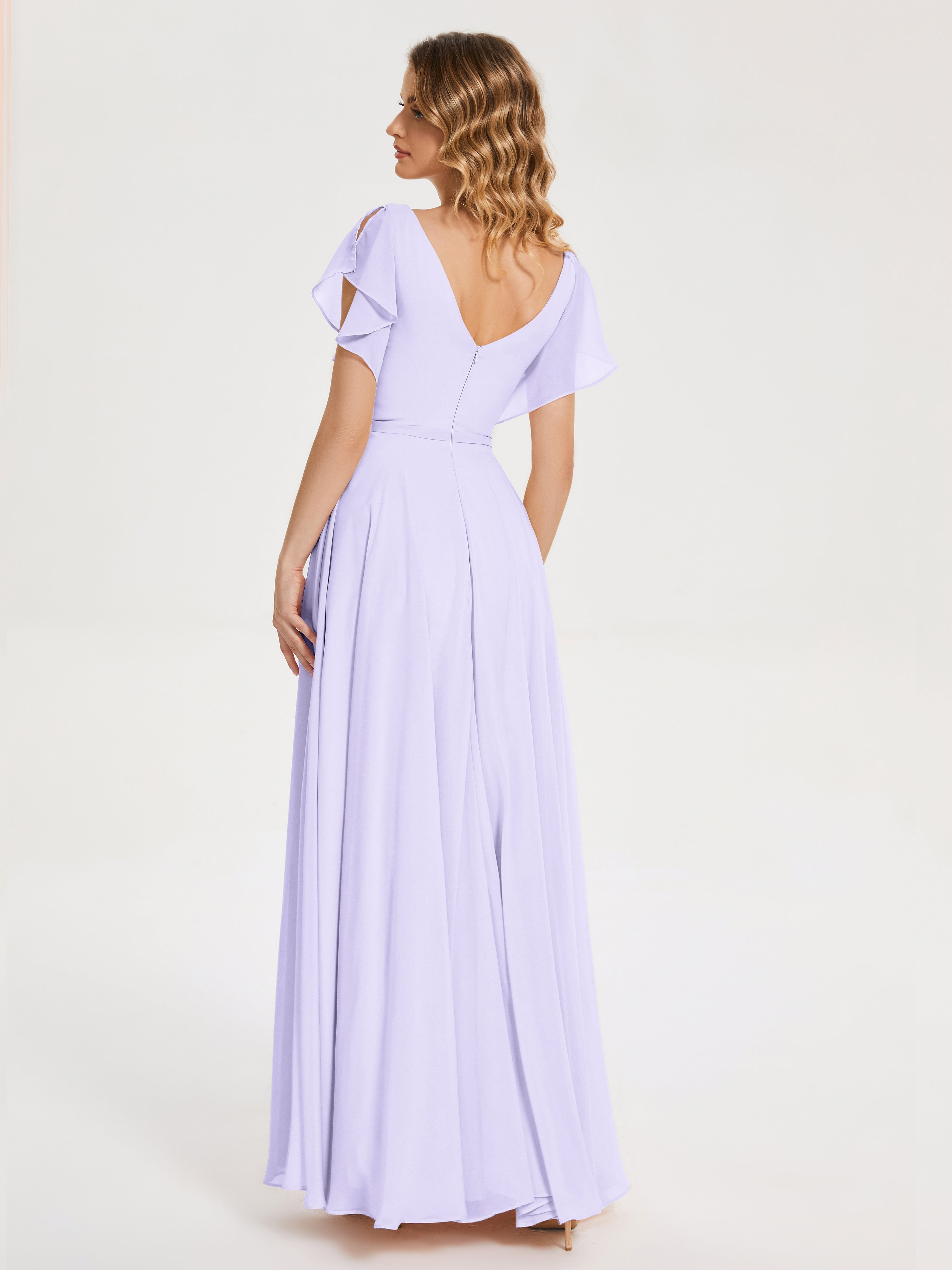 Robe De Demoiselle D Honneur Lilas Col V Fendue Mousseline Robes Demoiselle D'Honneur À Volants