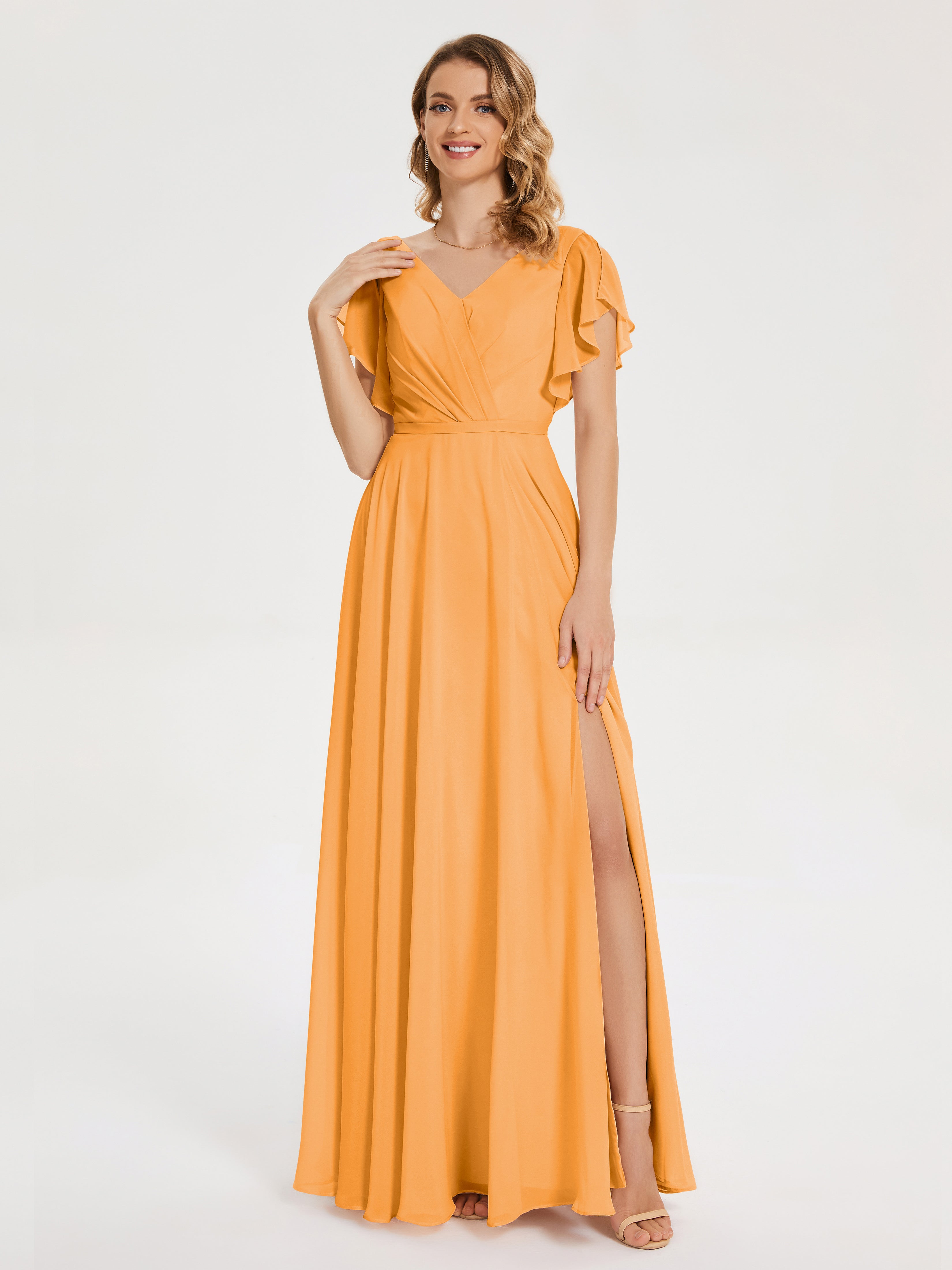 Robes De Demoiselle D'Honneur Mandarine Col V Fendue Mousseline Robes Demoiselle D'Honneur À Volants