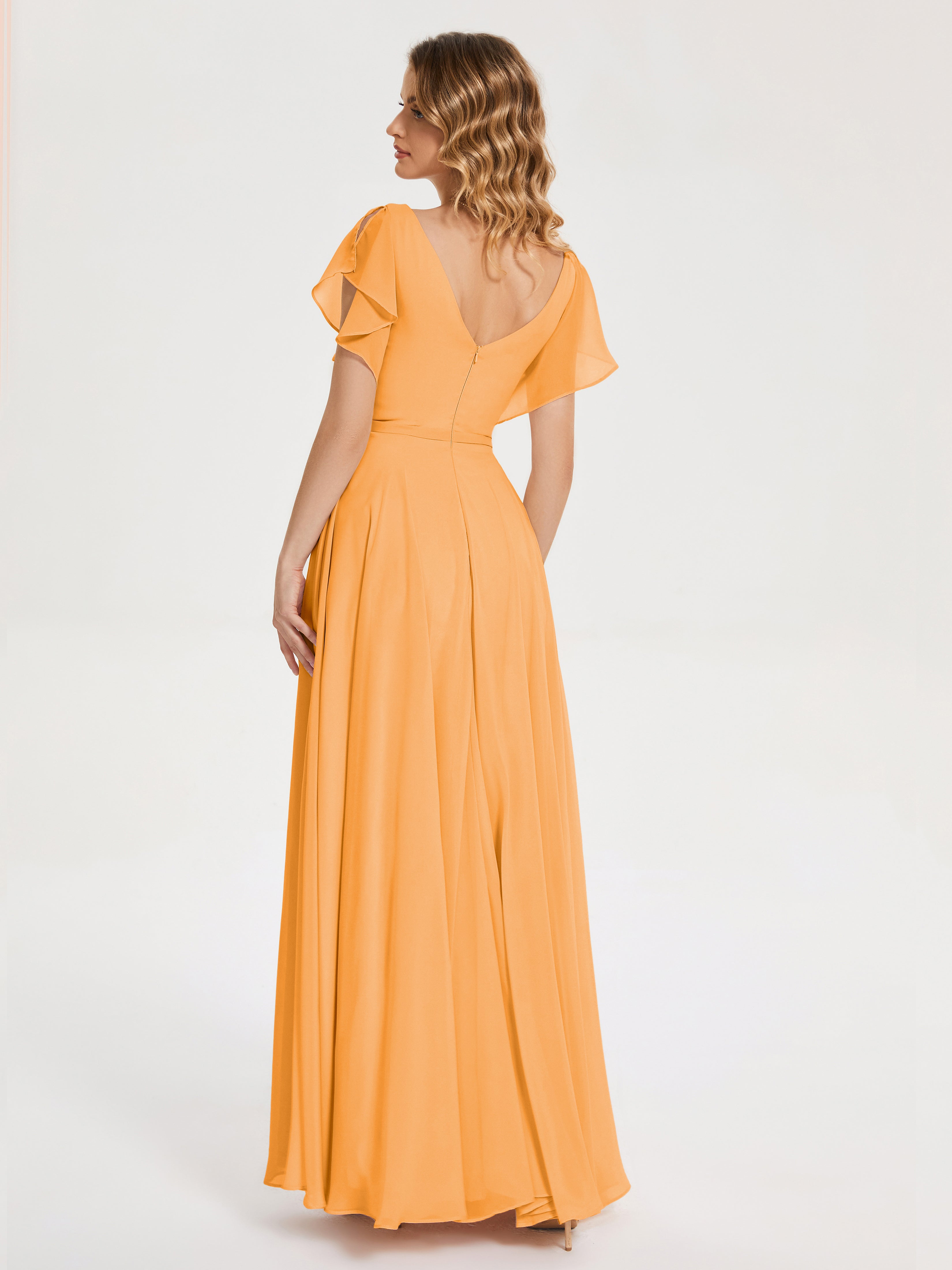 Robes De Demoiselle D'Honneur Mandarine Col V Fendue Mousseline Robes Demoiselle D'Honneur À Volants