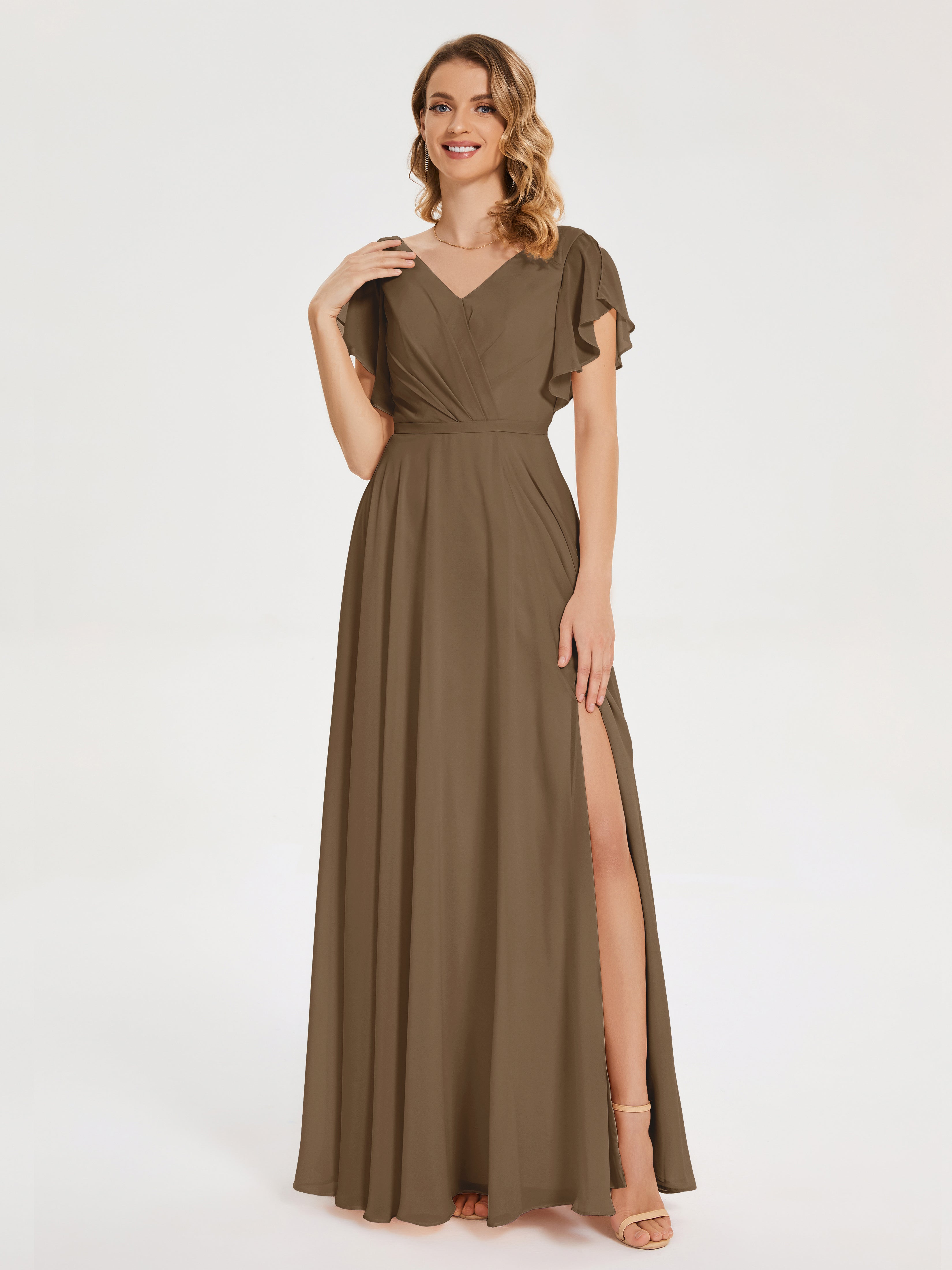 Robe Demoiselle D Honneur Moka Col V Fendue Mousseline Robes Demoiselle D'Honneur À Volants