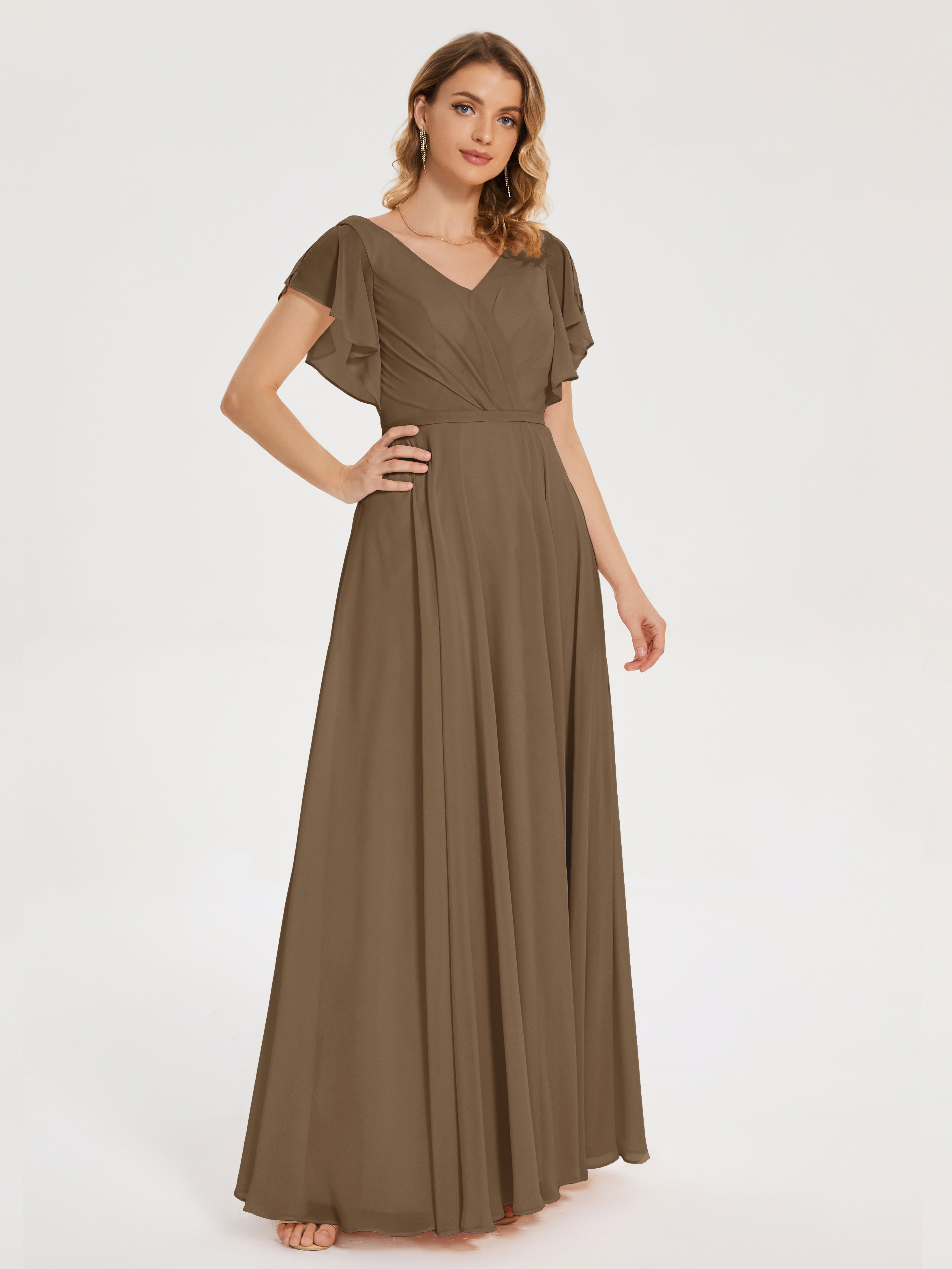 Robe Demoiselle D Honneur Moka Col V Fendue Mousseline Robes Demoiselle D'Honneur À Volants