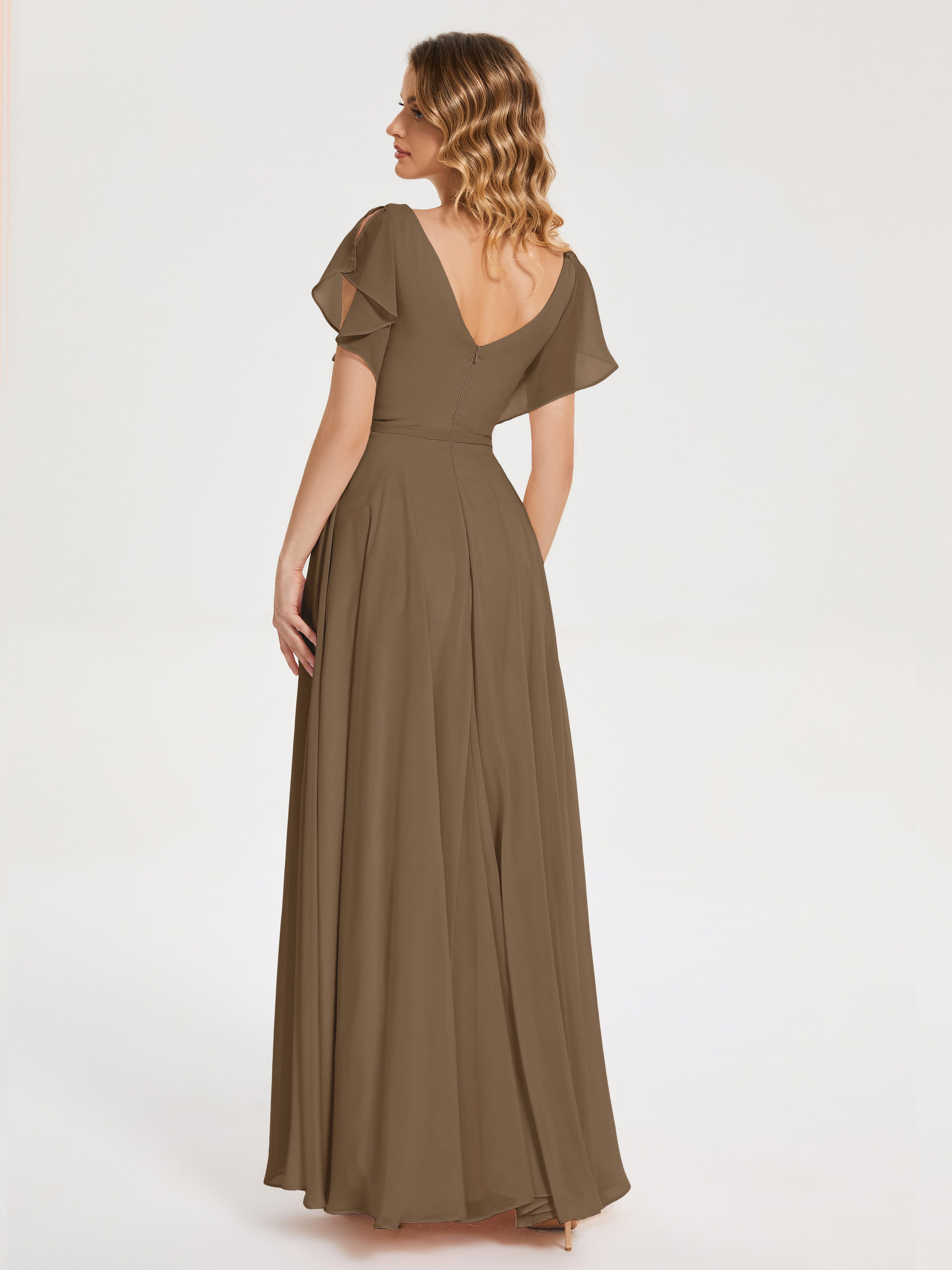 Robe Demoiselle D Honneur Moka Col V Fendue Mousseline Robes Demoiselle D'Honneur À Volants