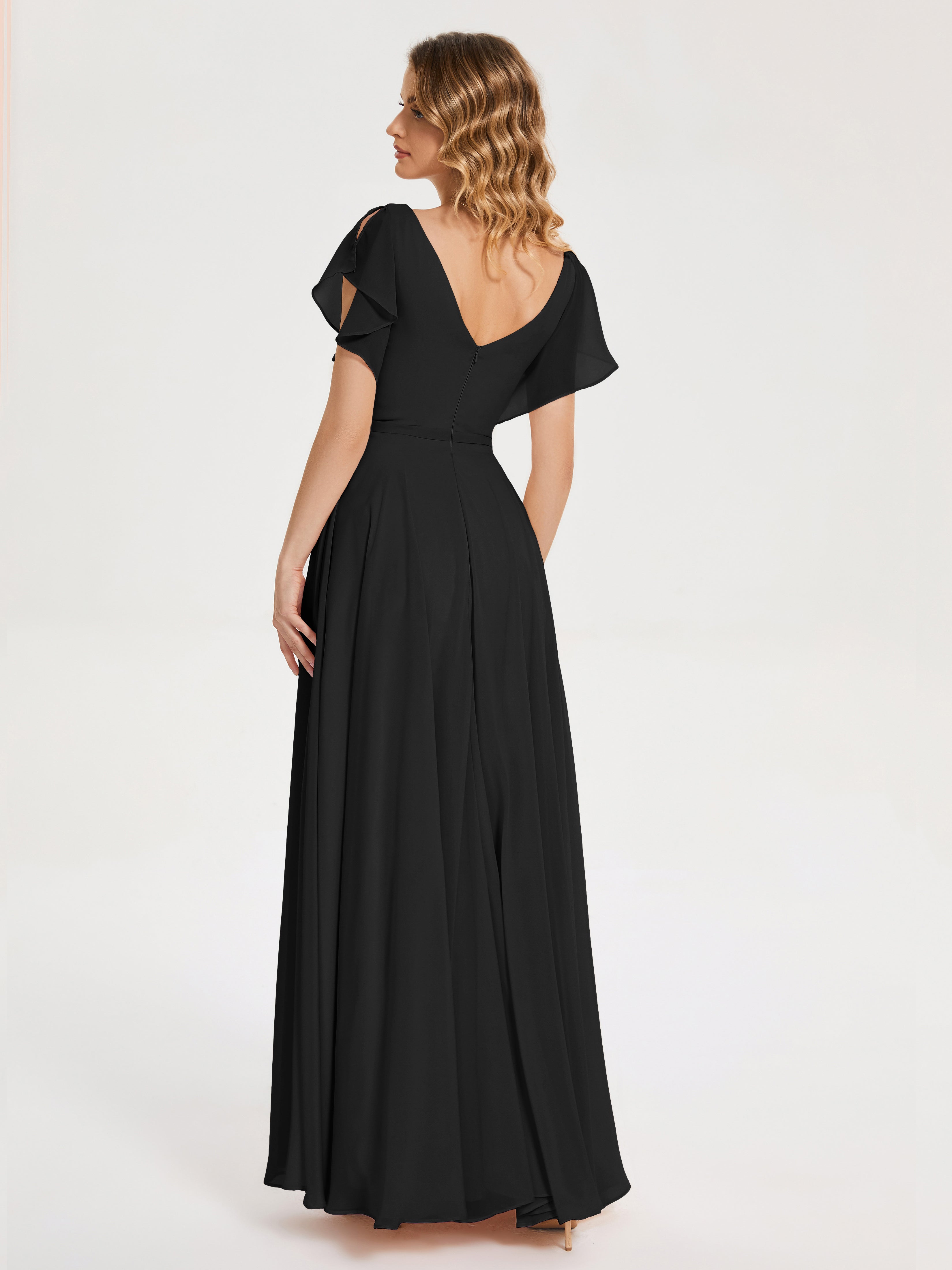 Demoiselle D Honneur Robe Noire Col V Fendue Mousseline Robes Demoiselle D'Honneur À Volants