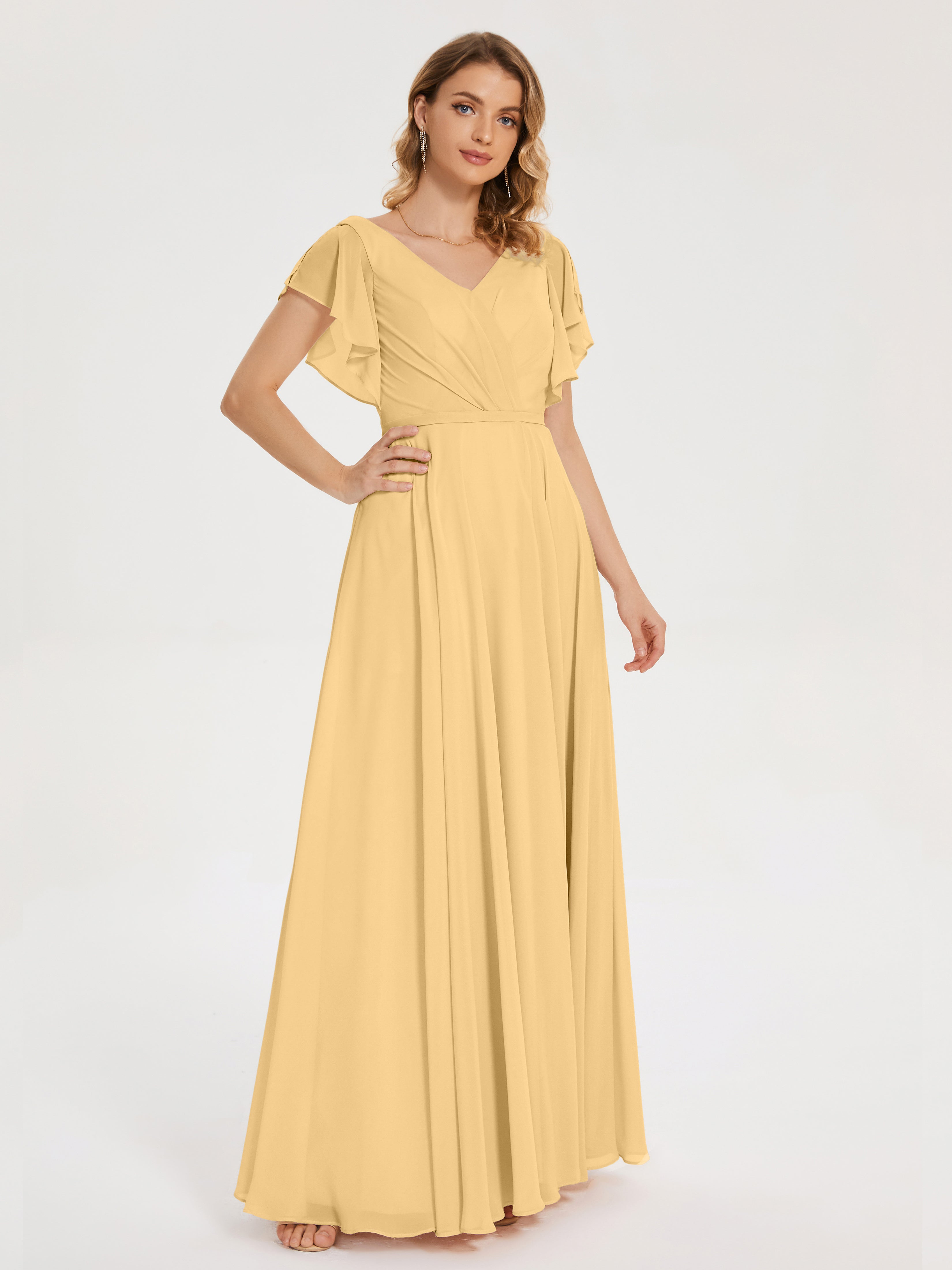 Robe De Demoiselle D Honneur Doré Col V Fendue Mousseline Robes Demoiselle D'Honneur À Volants