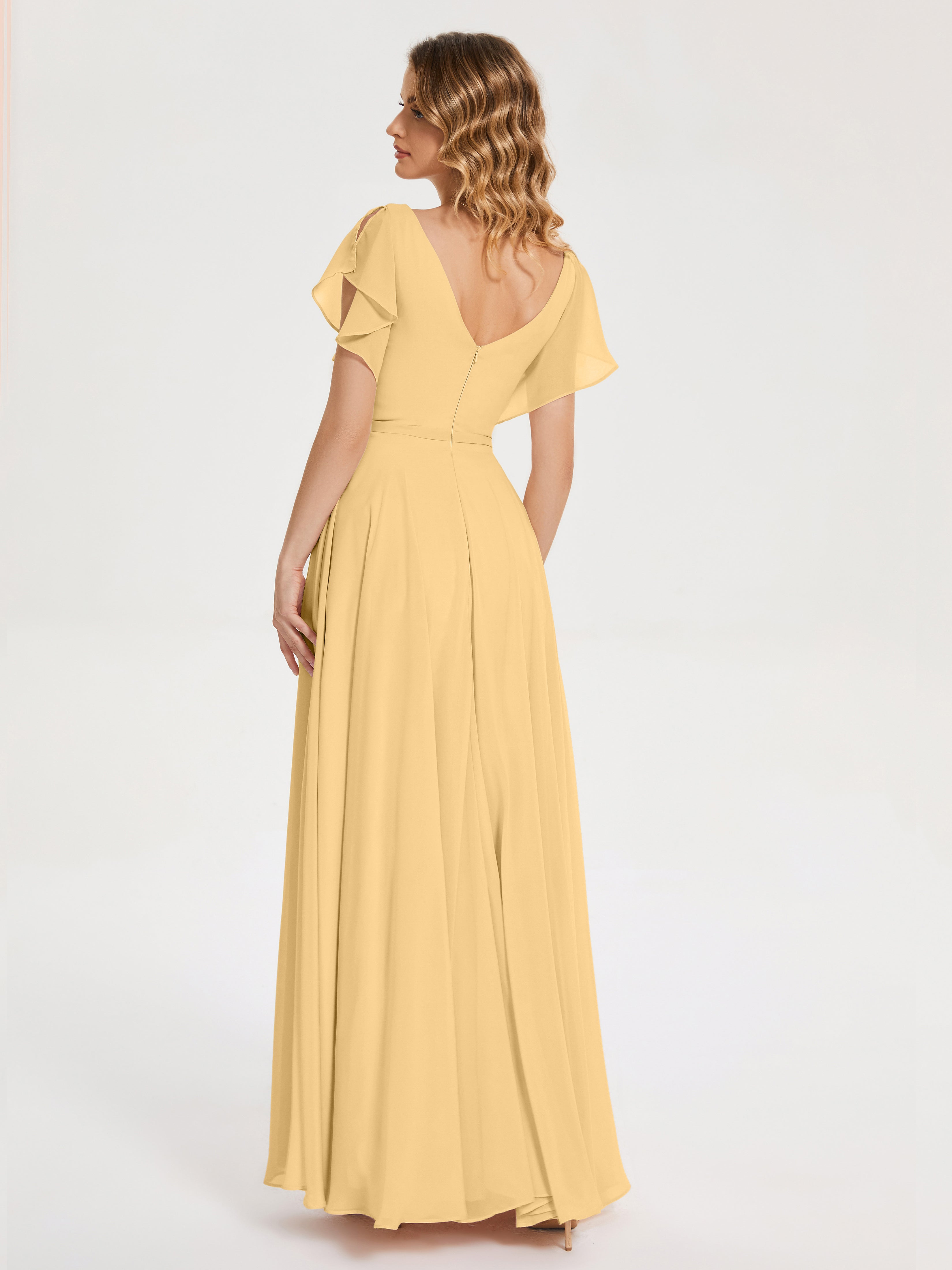 Robe De Demoiselle D Honneur Doré Col V Fendue Mousseline Robes Demoiselle D'Honneur À Volants