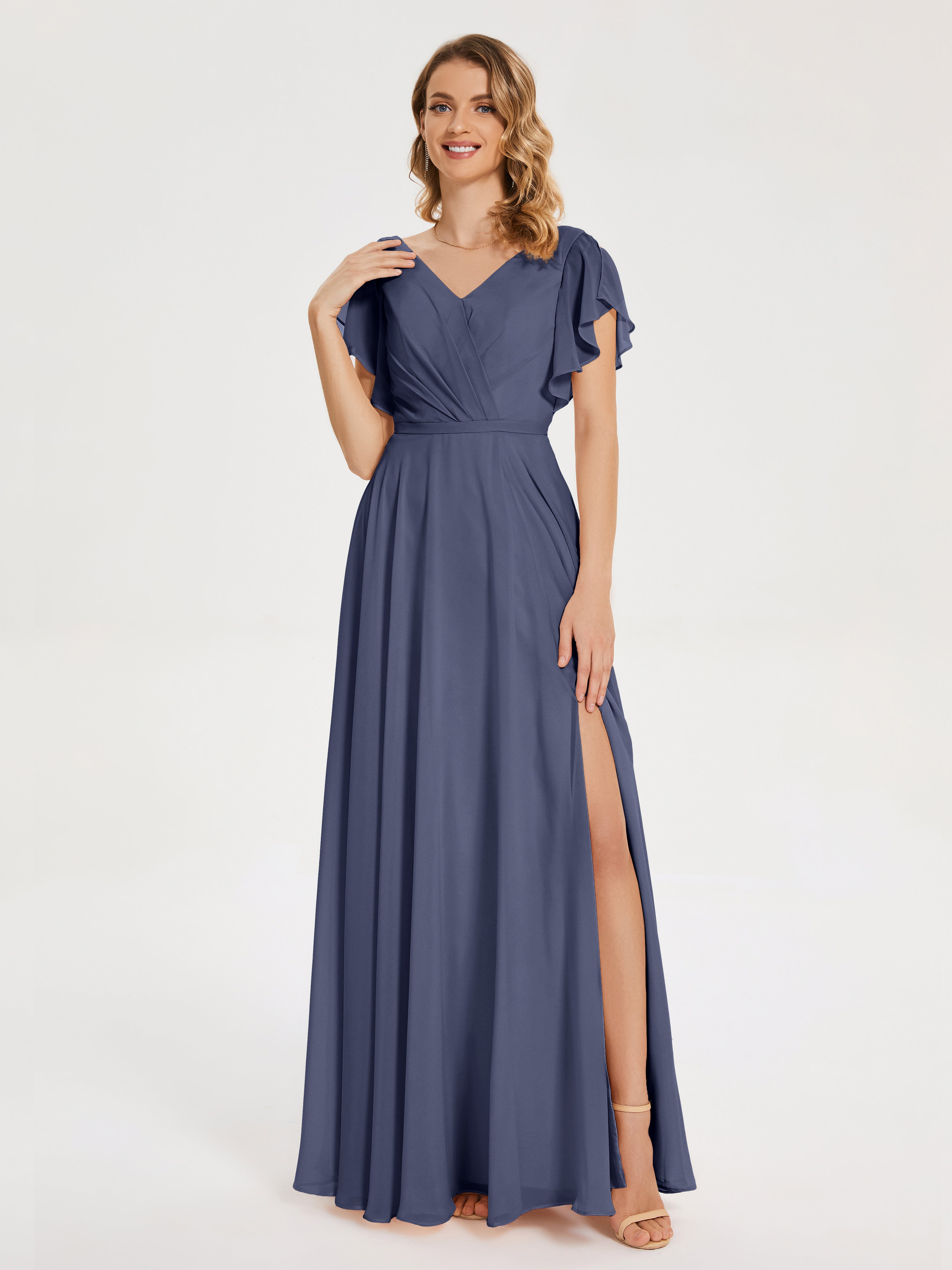 Robes De Demoiselle D'Honneur Bleu Orageux Col V Fendue Mousseline Robes Demoiselle D'Honneur À Volants