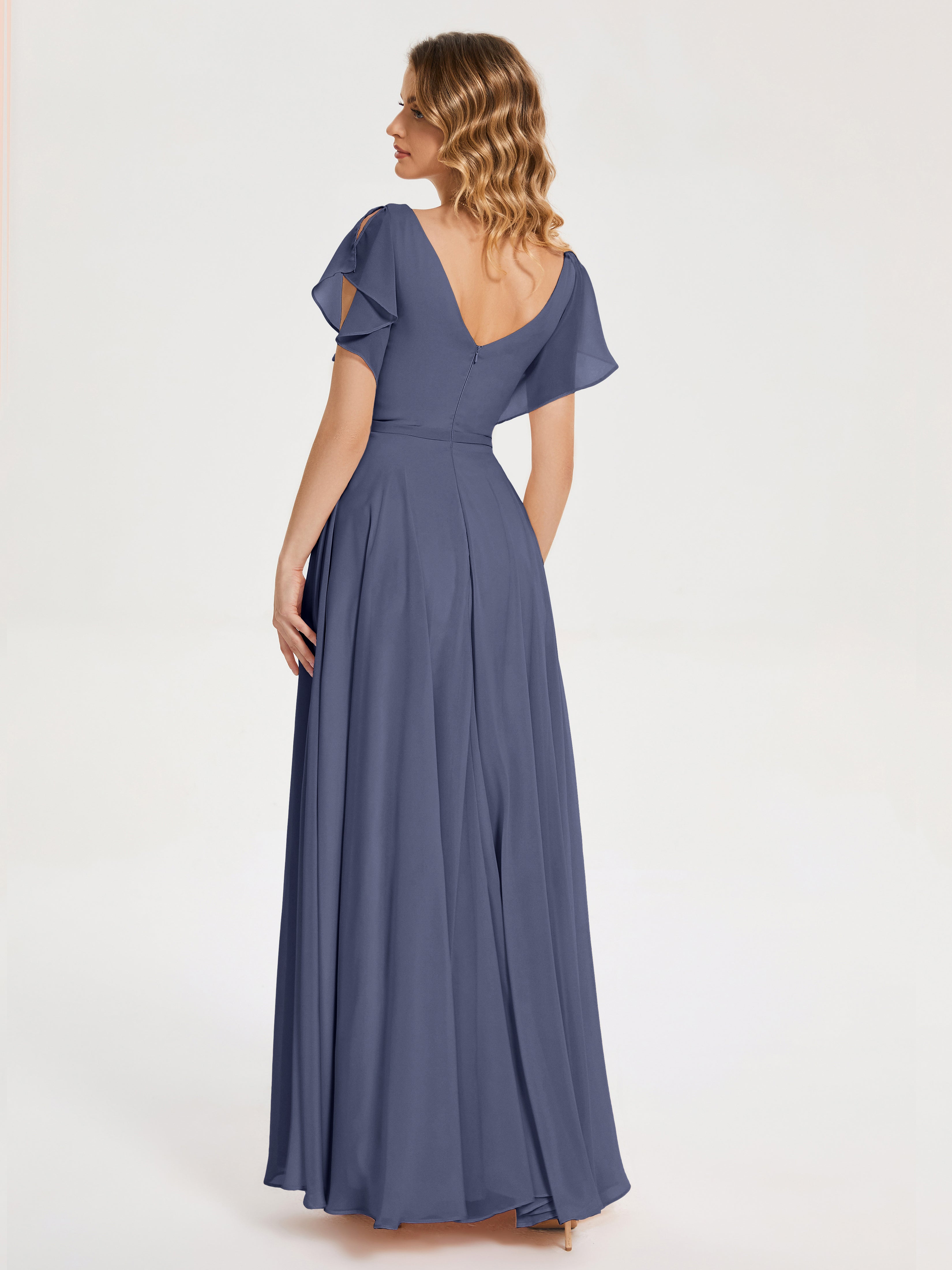 Robes De Demoiselle D'Honneur Bleu Orageux Col V Fendue Mousseline Robes Demoiselle D'Honneur À Volants