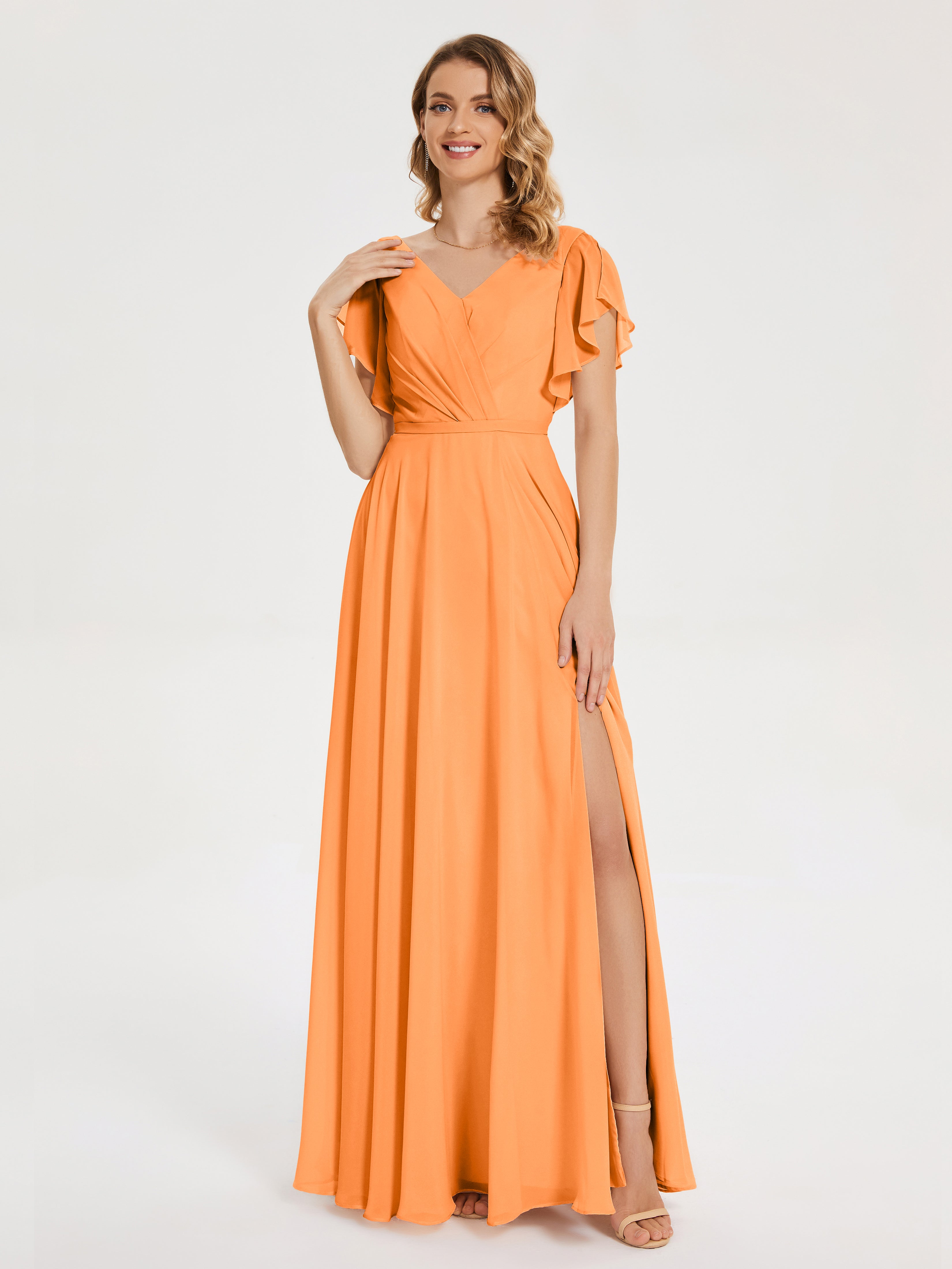 Robe Demoiselle D Honneur Orange Vif Col V Fendue Mousseline Robes Demoiselle D'Honneur À Volants