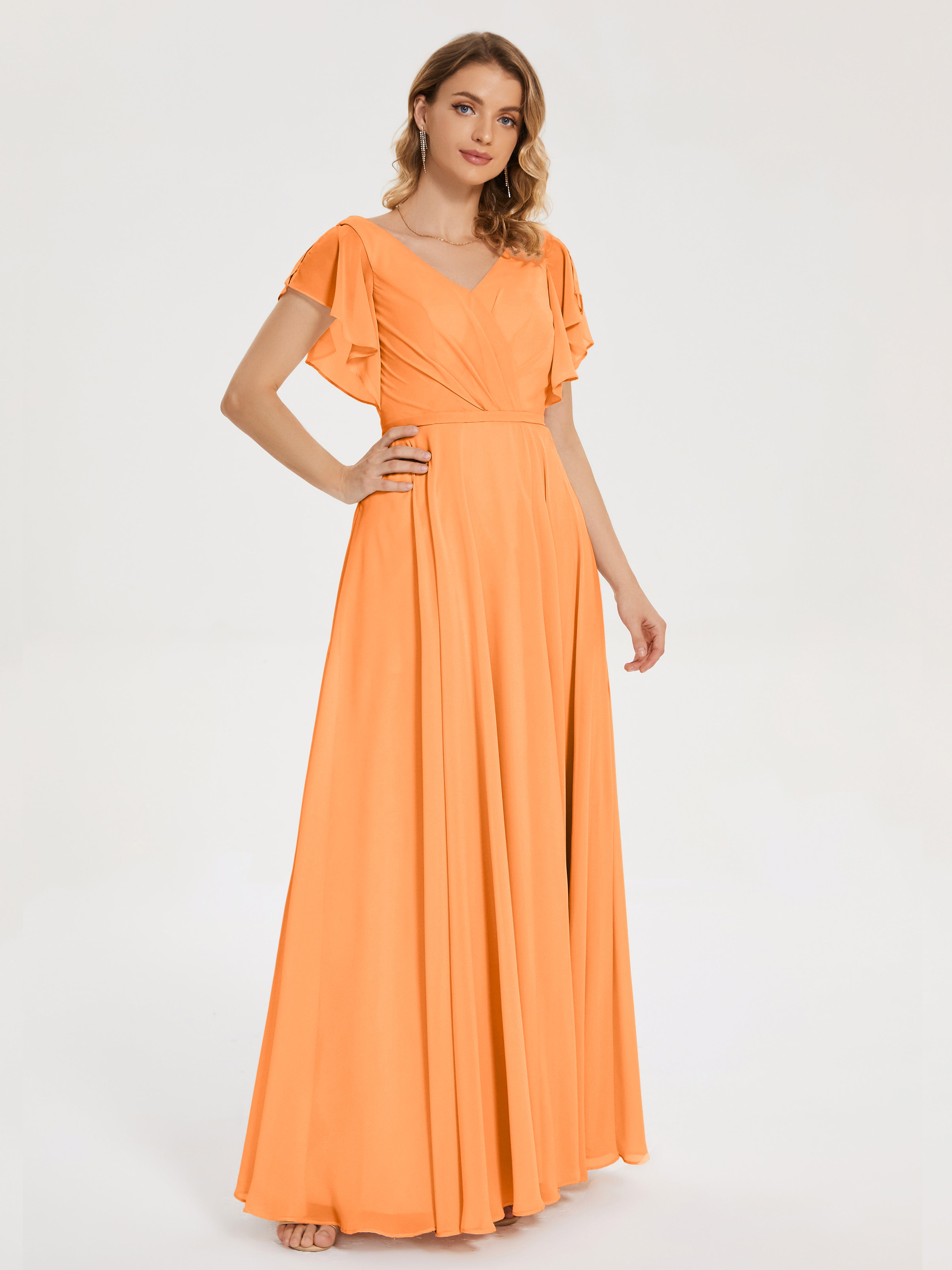 Robe Demoiselle D Honneur Orange Vif Col V Fendue Mousseline Robes Demoiselle D'Honneur À Volants