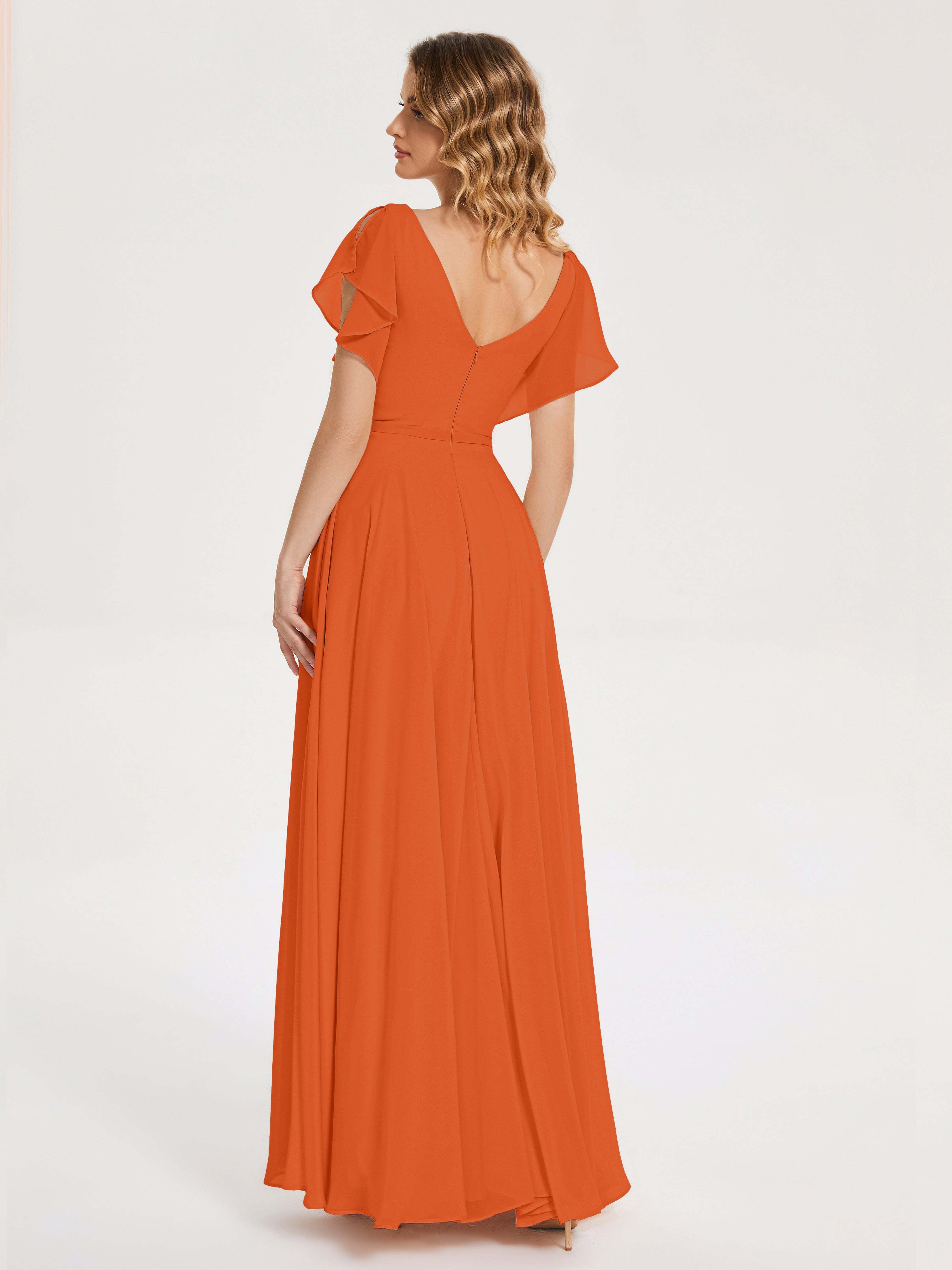 Robes De Demoiselle D'Honneur Orange Foncé Col V Fendue Mousseline Robes Demoiselle D'Honneur À Volants