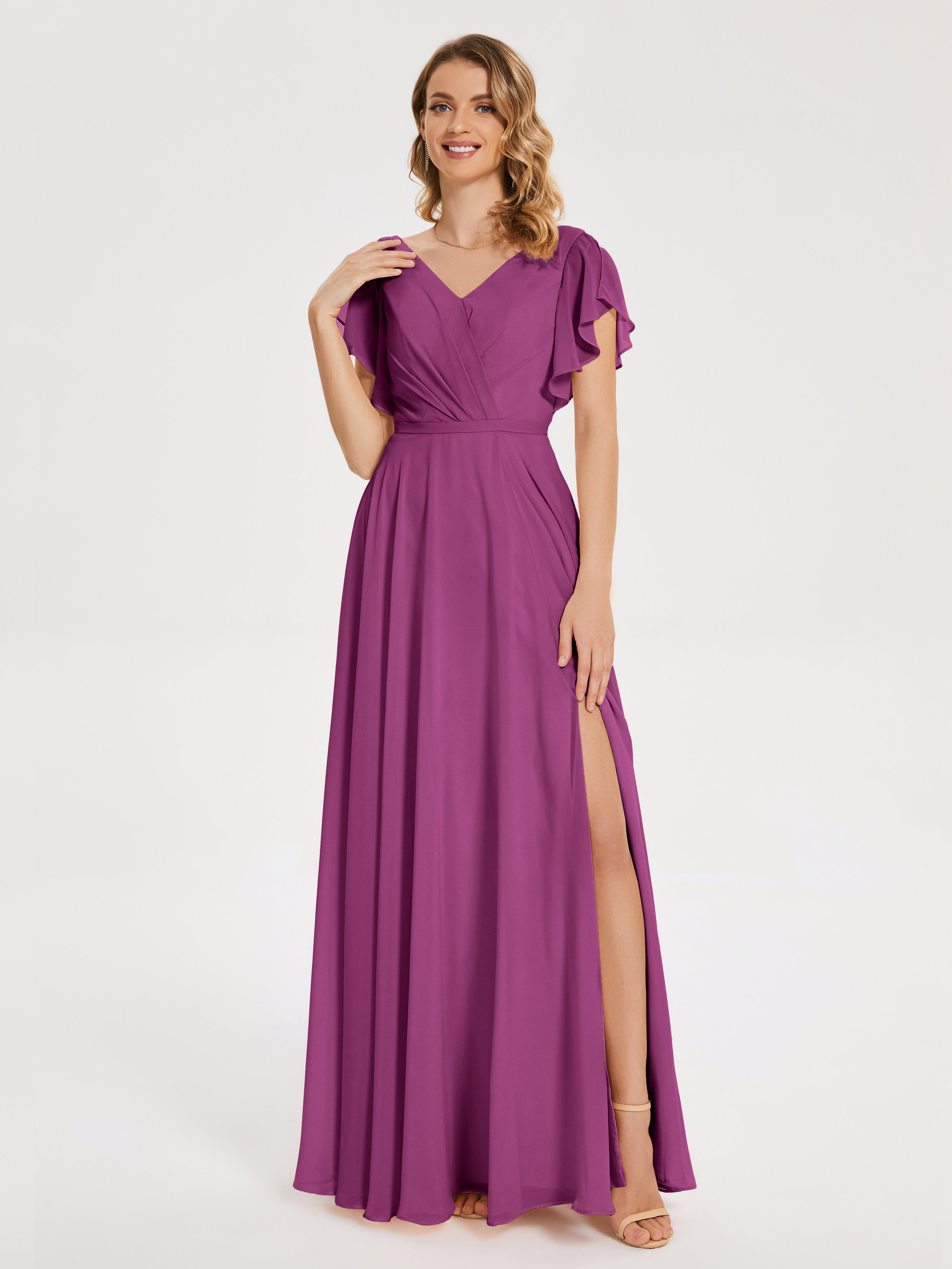 Robes De Demoiselle D'Honneur Orchidée Col V Fendue Mousseline Robes Demoiselle D'Honneur À Volants