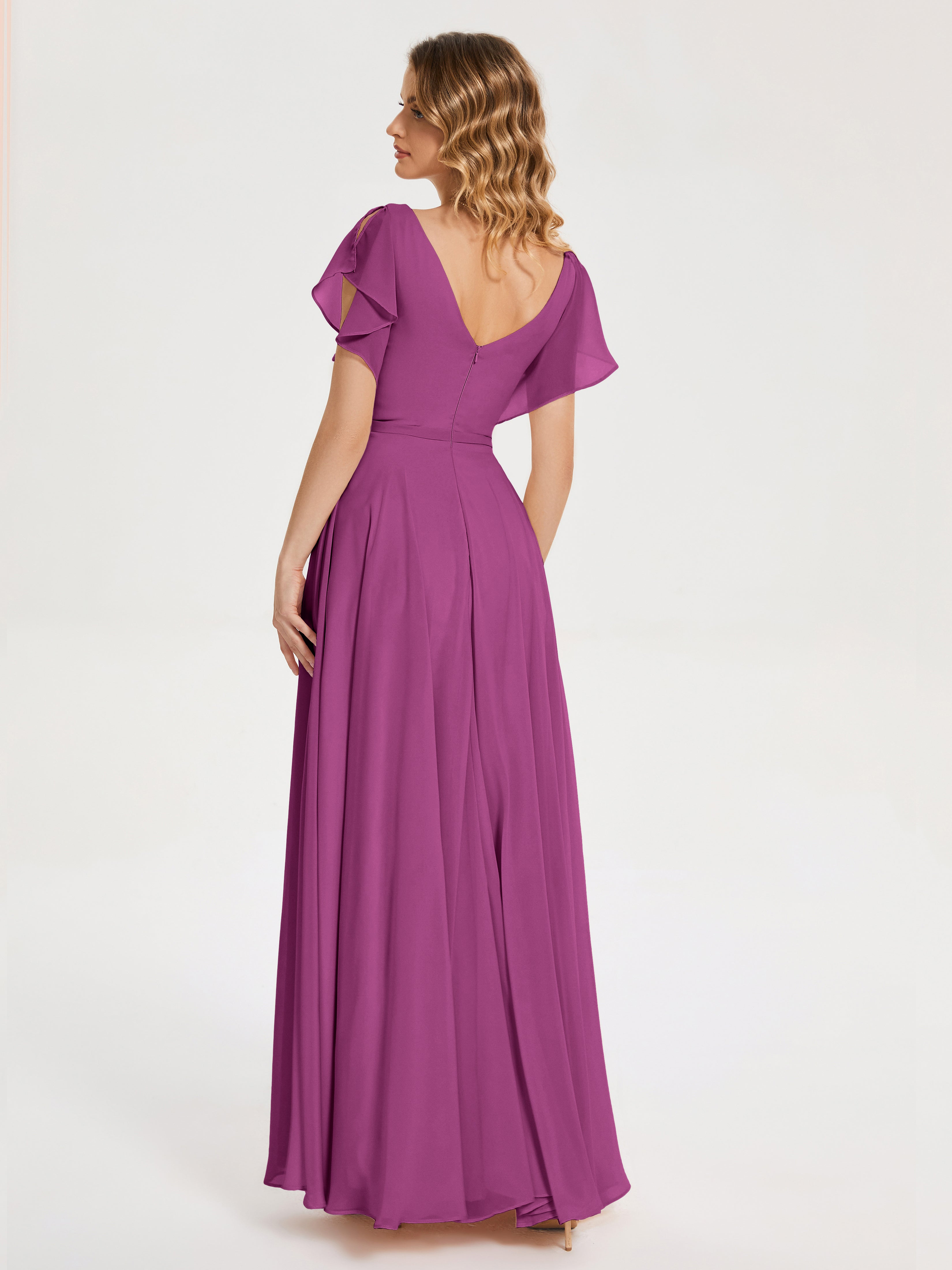 Robes De Demoiselle D'Honneur Orchidée Col V Fendue Mousseline Robes Demoiselle D'Honneur À Volants