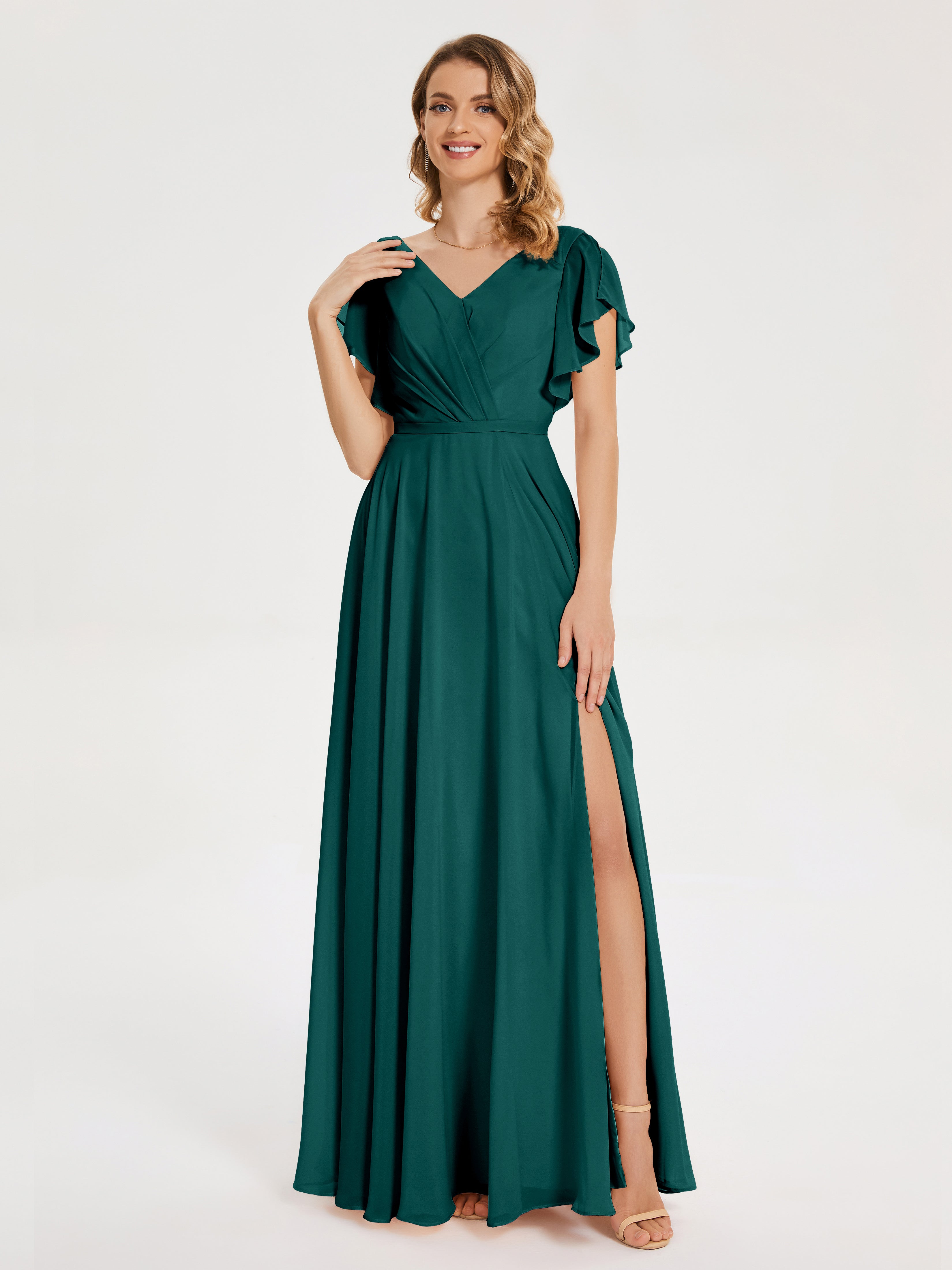 Robes De Demoiselle D'Honneur Couleur Paon Bon Marché Col V Fendue Mousseline Robes Demoiselle D'Honneur À Volants