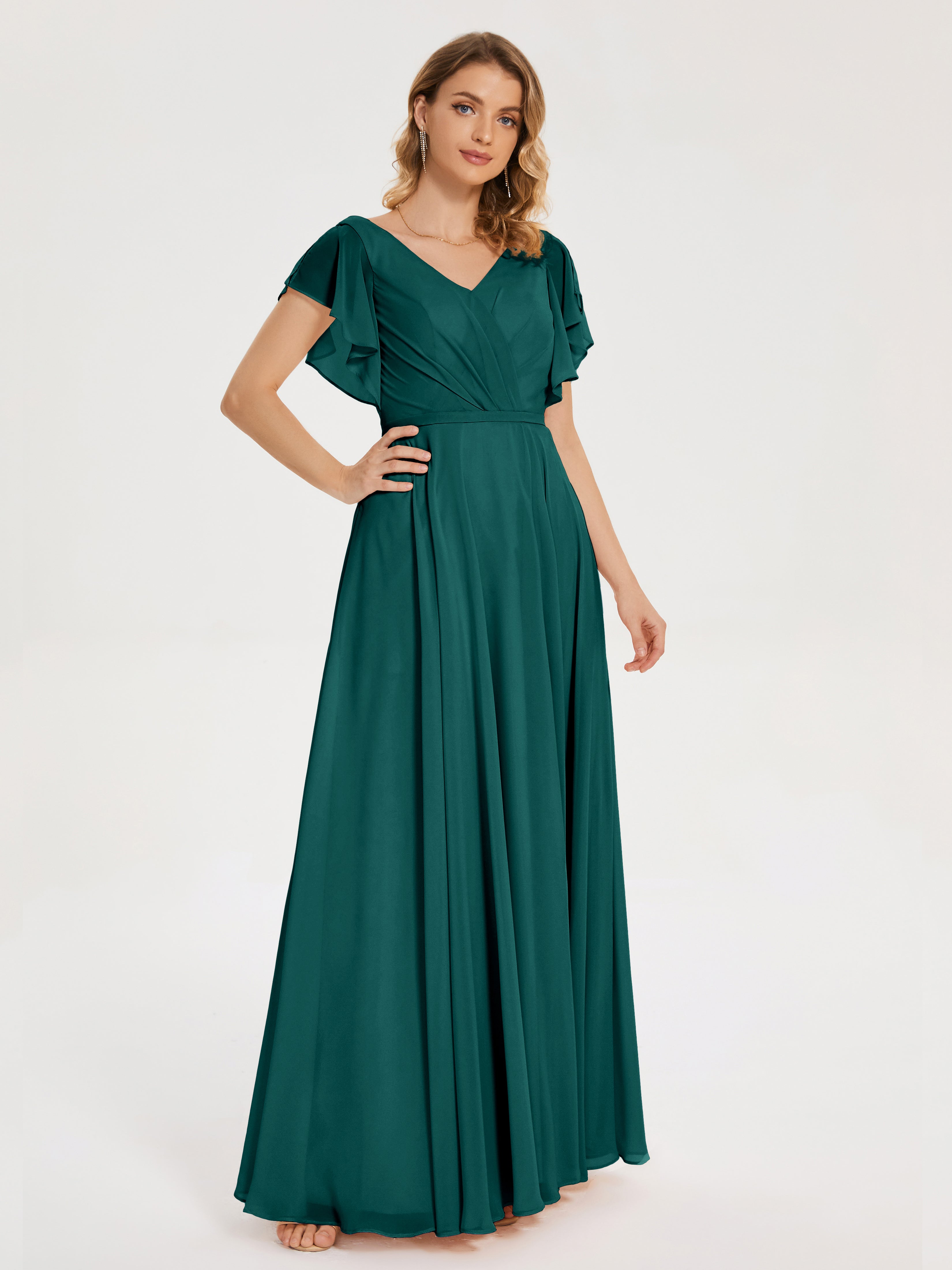Robes De Demoiselle D'Honneur Couleur Paon Bon Marché Col V Fendue Mousseline Robes Demoiselle D'Honneur À Volants