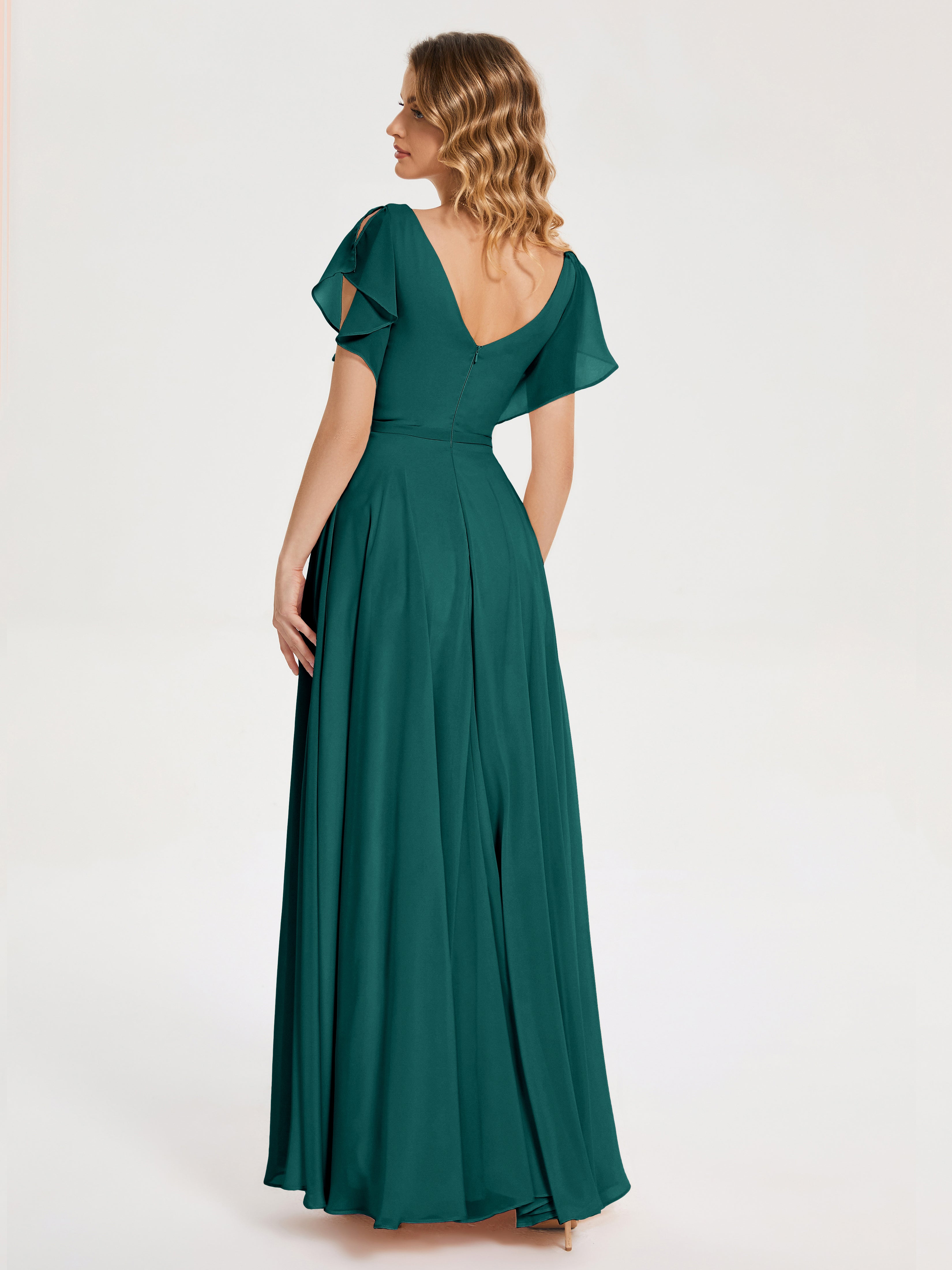 Robes De Demoiselle D'Honneur Couleur Paon Bon Marché Col V Fendue Mousseline Robes Demoiselle D'Honneur À Volants