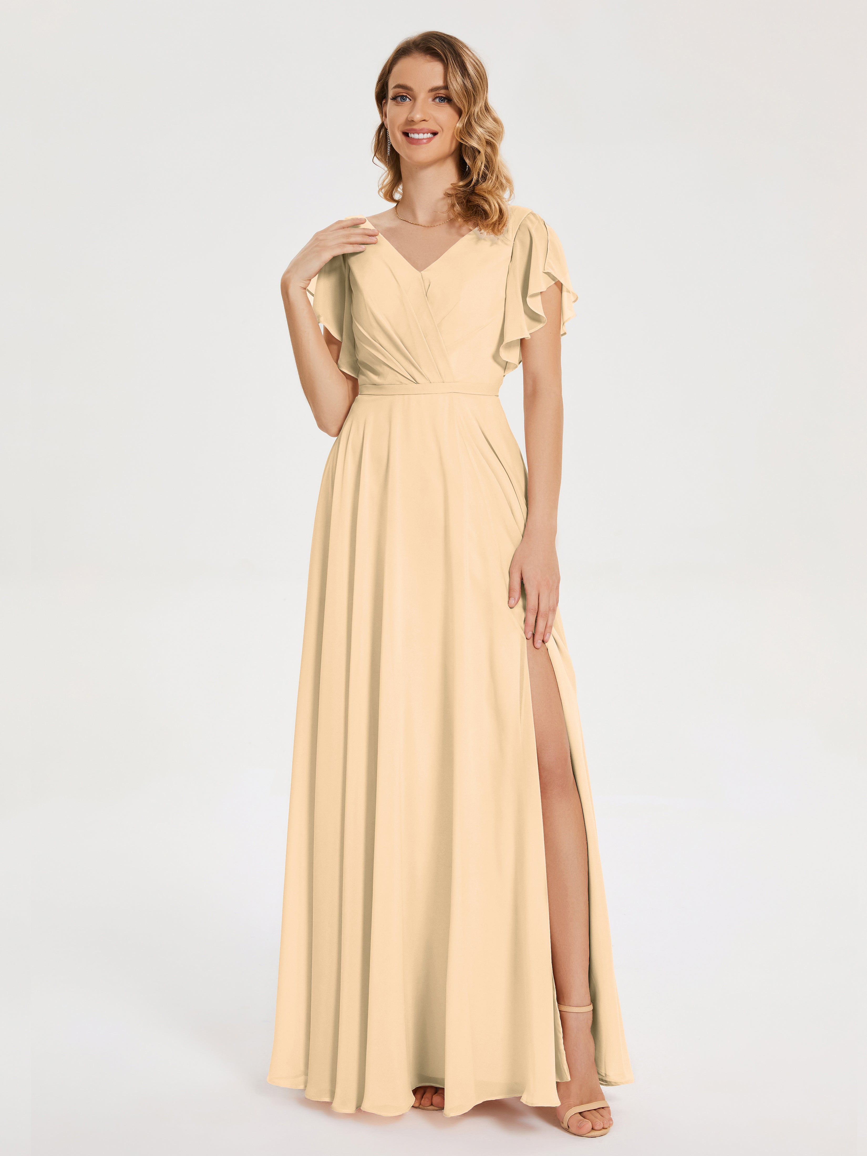 Robe Demoiselle D Honneur Couleur Peche Col V Fendue Mousseline Robes Demoiselle D'Honneur À Volants