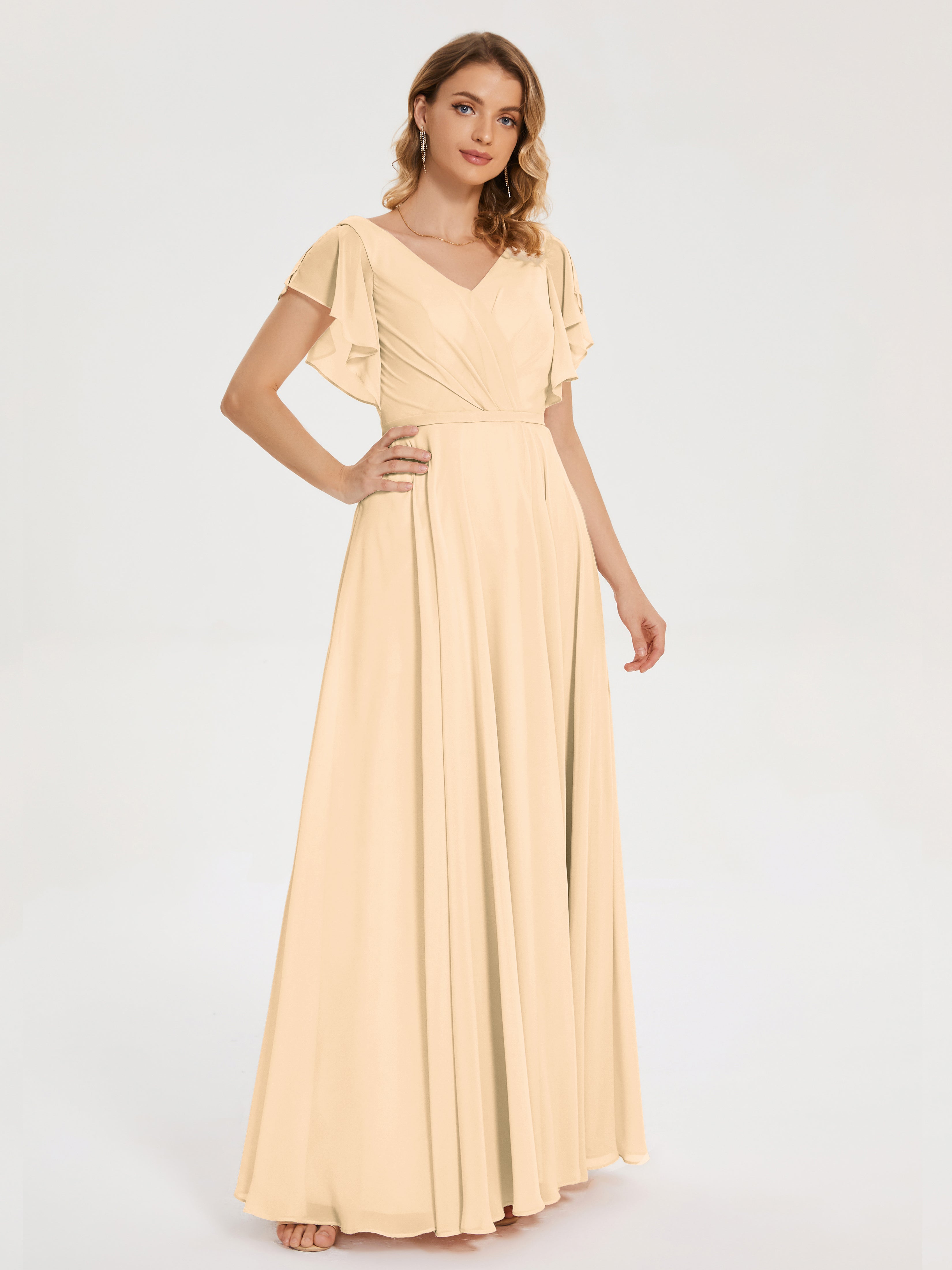 Robe Demoiselle D Honneur Couleur Peche Col V Fendue Mousseline Robes Demoiselle D'Honneur À Volants