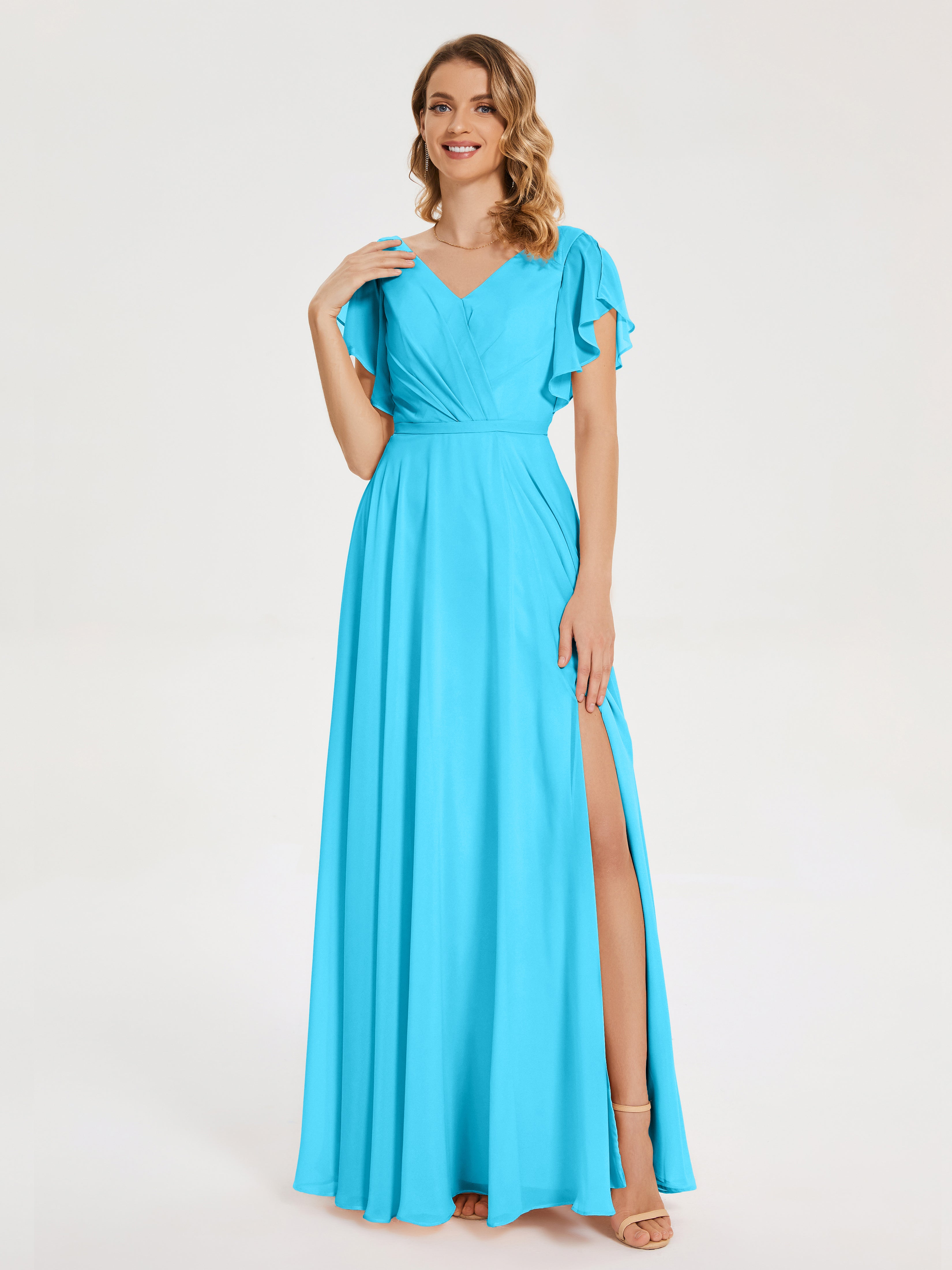 Robe De Demoiselle D'Honneur En Piscine Col V Fendue Mousseline Robes Demoiselle D'Honneur À Volants