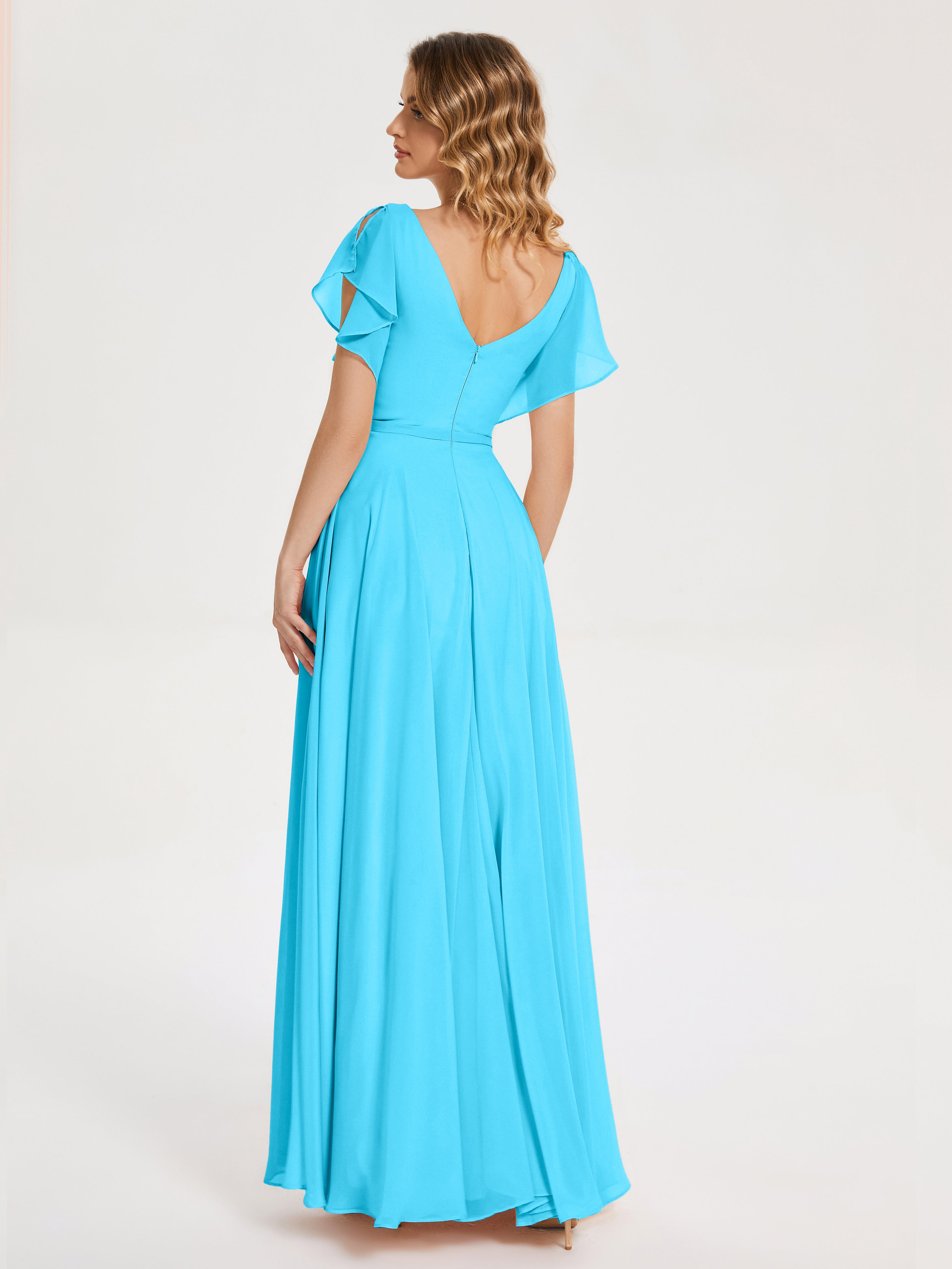Robe De Demoiselle D'Honneur En Piscine Col V Fendue Mousseline Robes Demoiselle D'Honneur À Volants