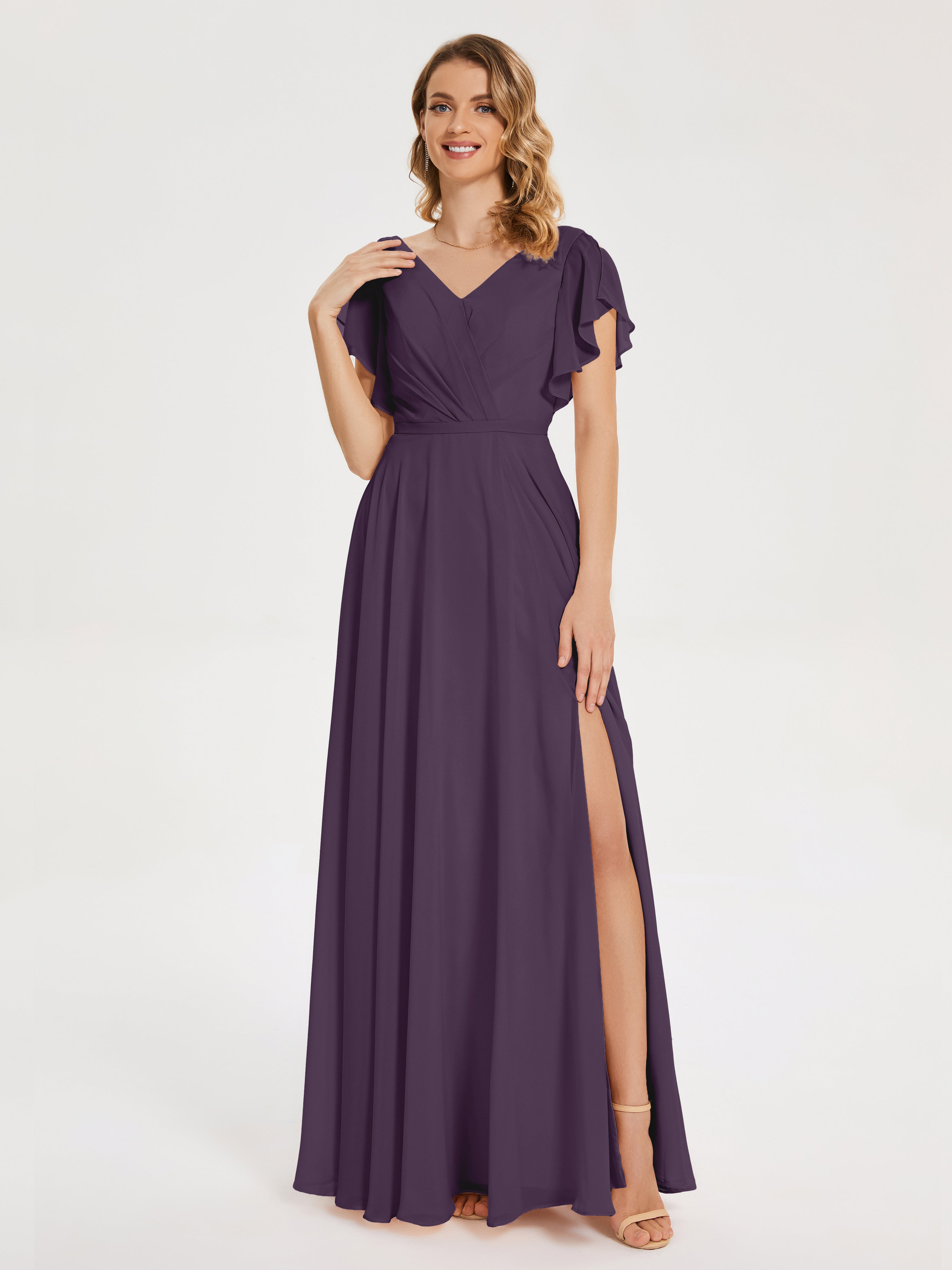 Robe De Demoiselle D'Honneur En Plum Col V Fendue Mousseline Robes Demoiselle D'Honneur À Volants