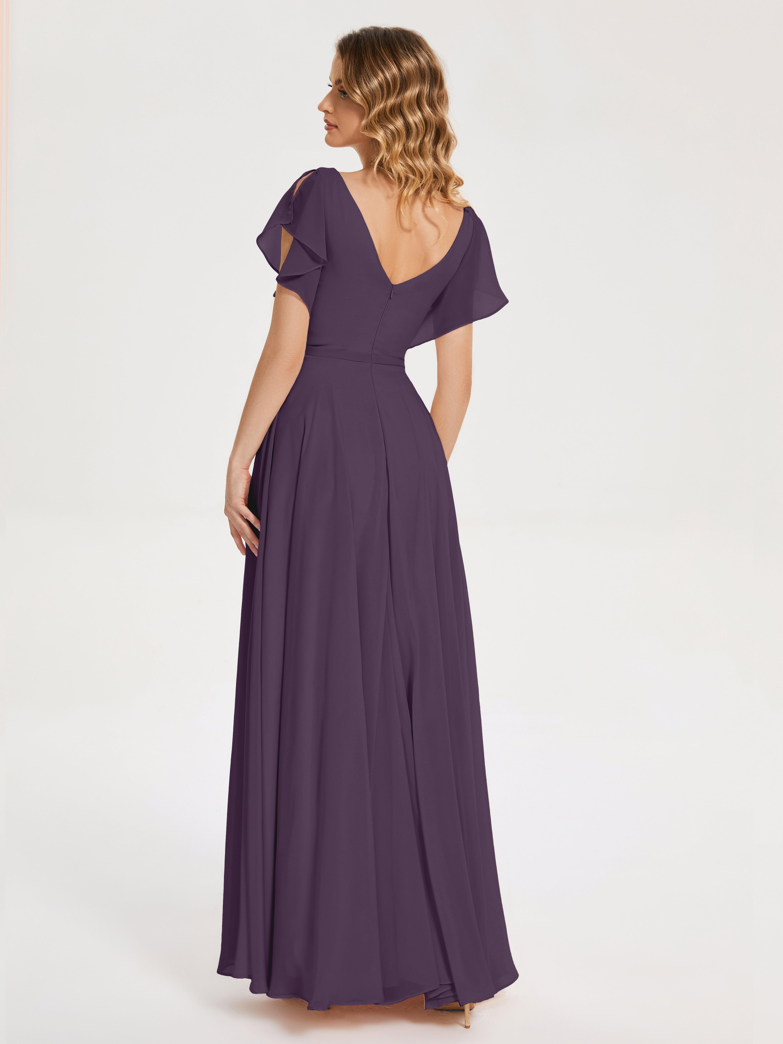 Robe De Demoiselle D'Honneur En Plum Col V Fendue Mousseline Robes Demoiselle D'Honneur À Volants