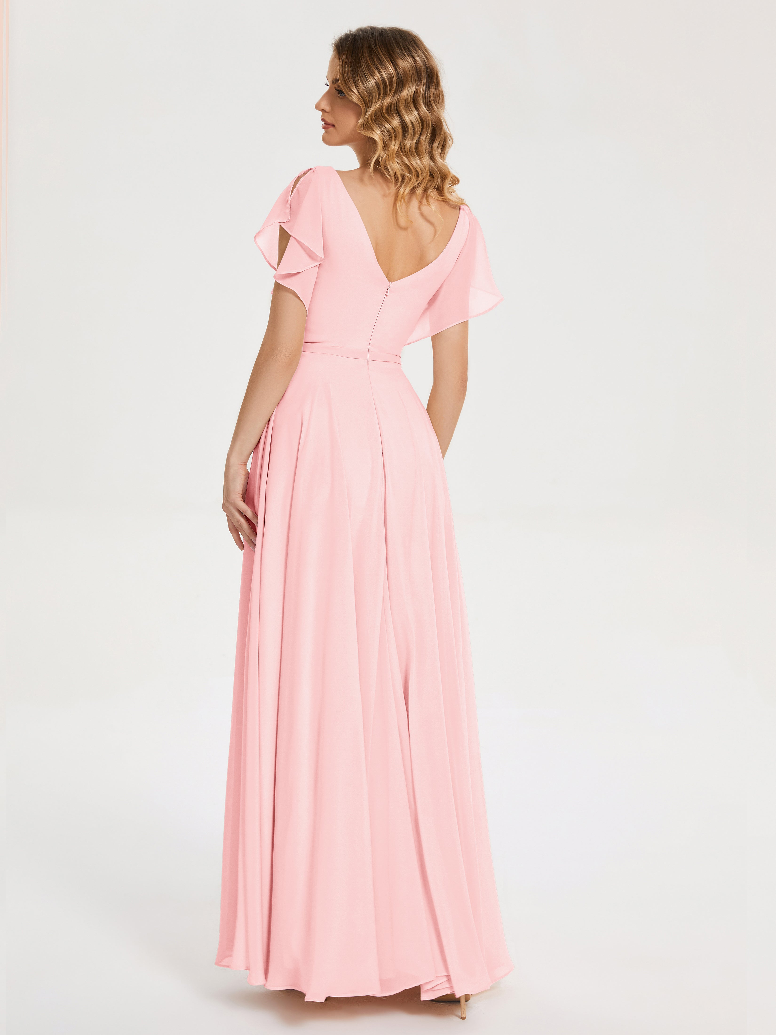 Robes De Demoiselle D'Honneur Rose Doux Col V Fendue Mousseline Robes Demoiselle D'Honneur À Volants