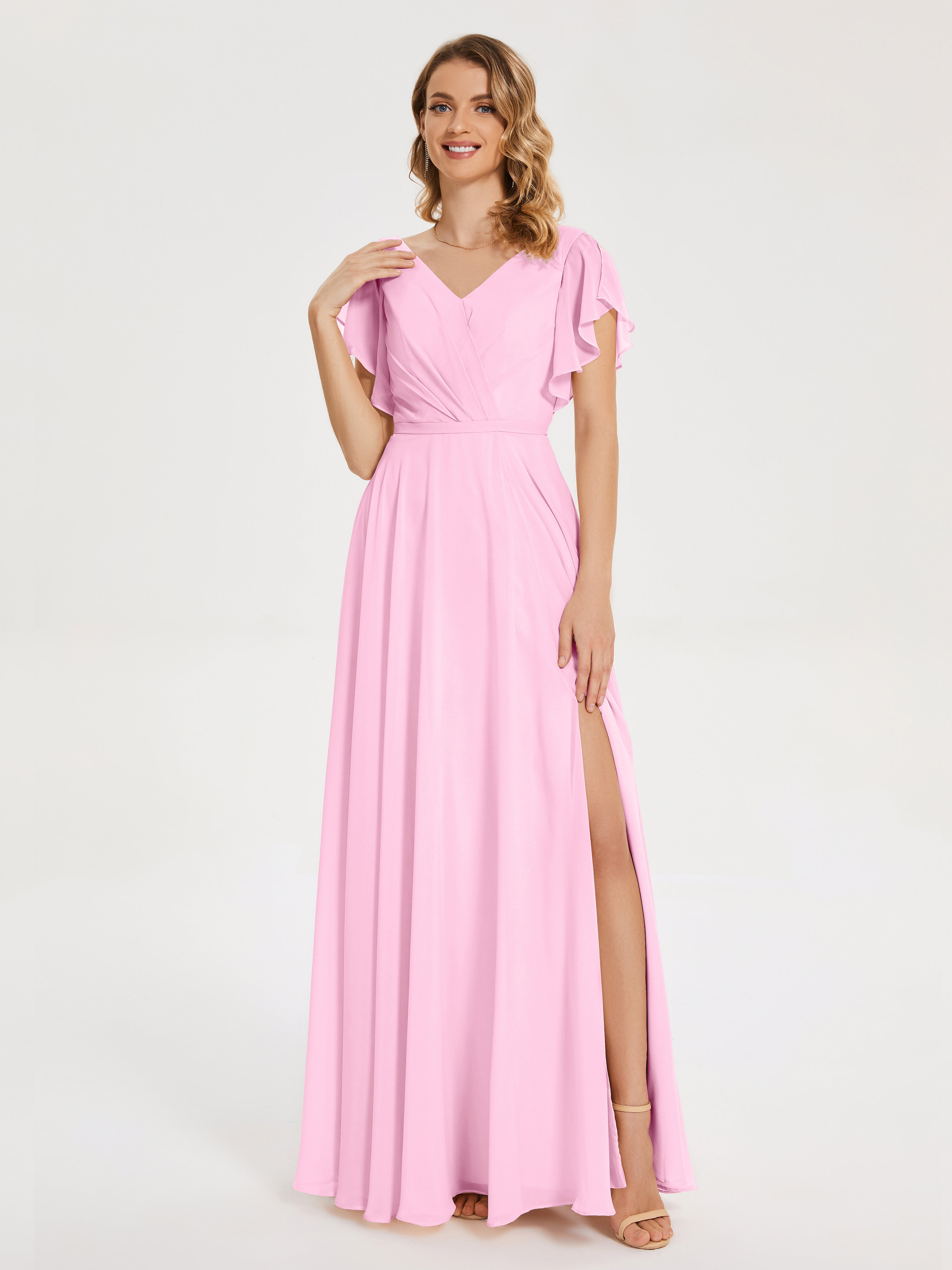 Robes De Demoiselle D'Honneur Rose Bonbon Col V Fendue Mousseline Robes Demoiselle D'Honneur À Volants