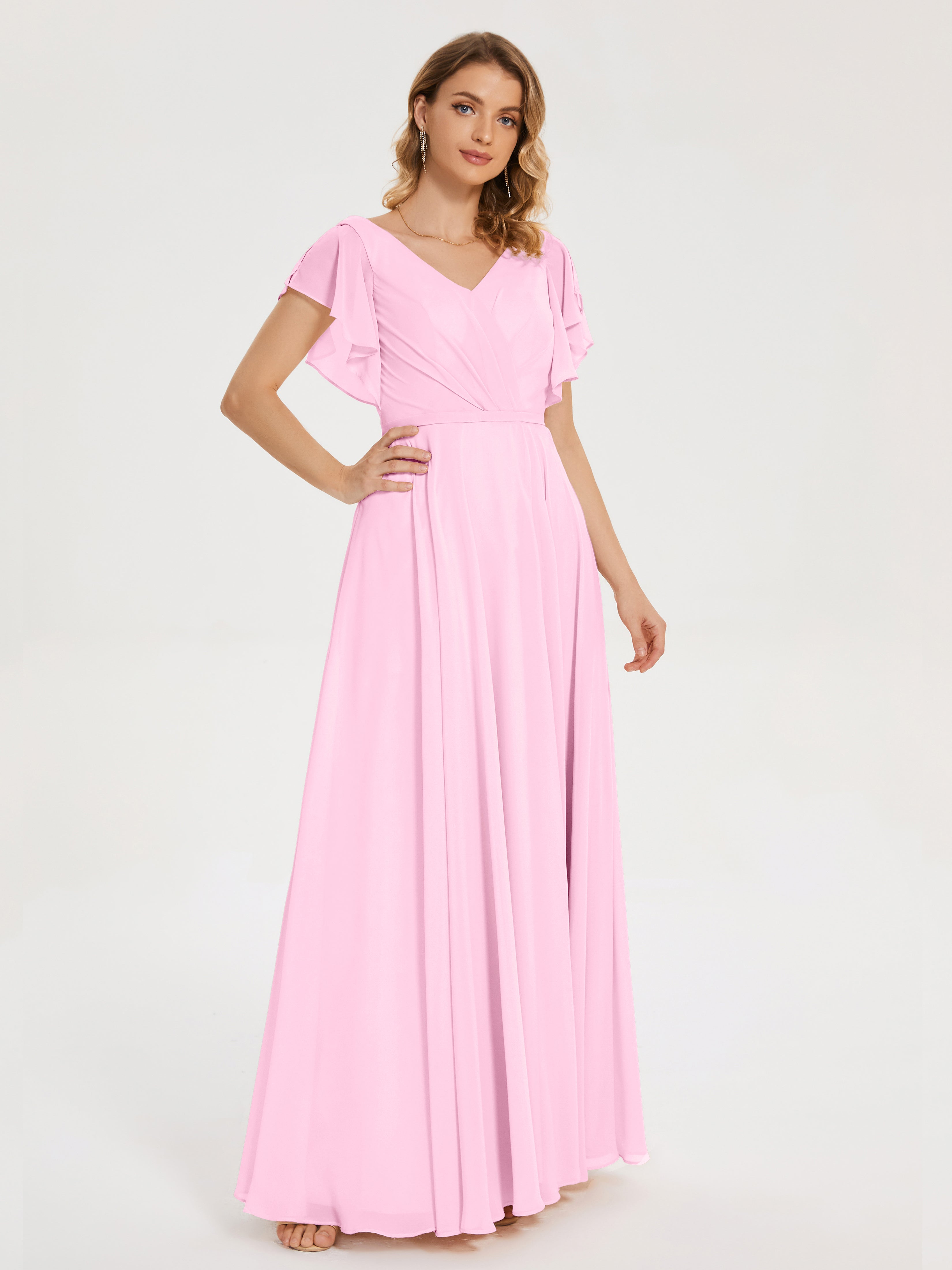 Robes De Demoiselle D'Honneur Rose Bonbon Col V Fendue Mousseline Robes Demoiselle D'Honneur À Volants