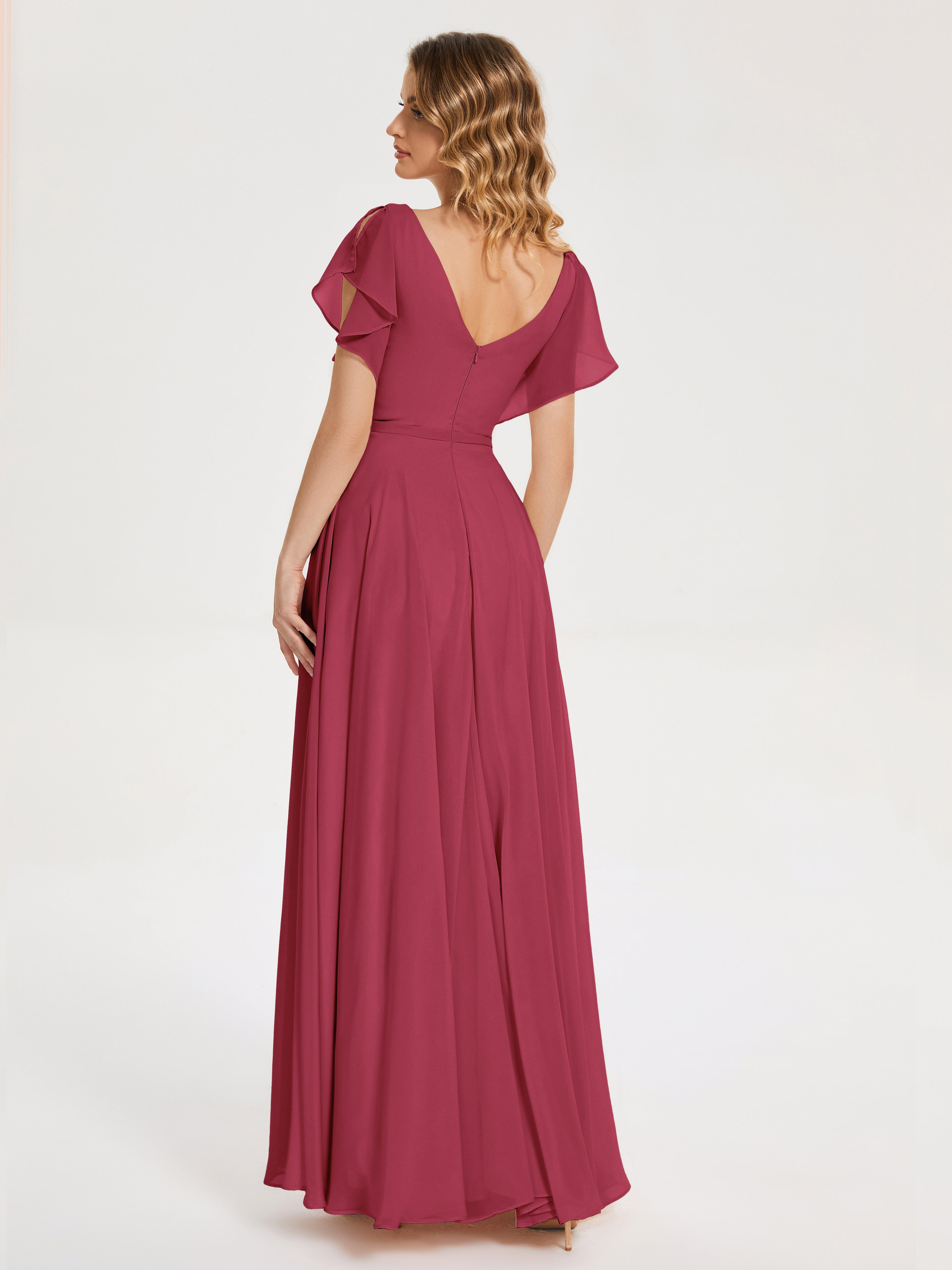 Robes De Demoiselle D'Honneur Rose Cannelle Col V Fendue Mousseline Robes Demoiselle D'Honneur À Volants