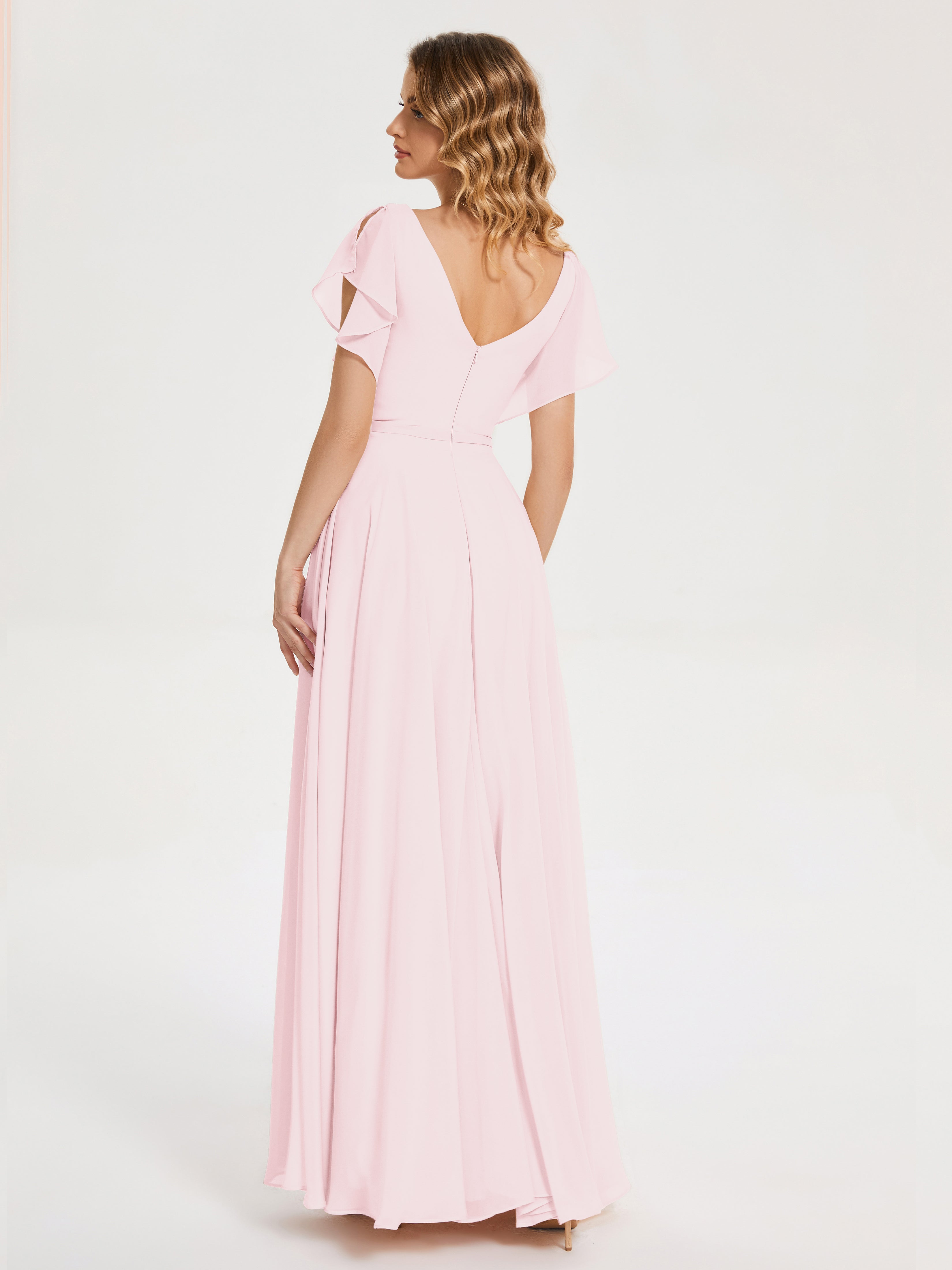 Robe Demoiselle D Honneur Rose Pale Col V Fendue Mousseline Robes Demoiselle D'Honneur À Volants