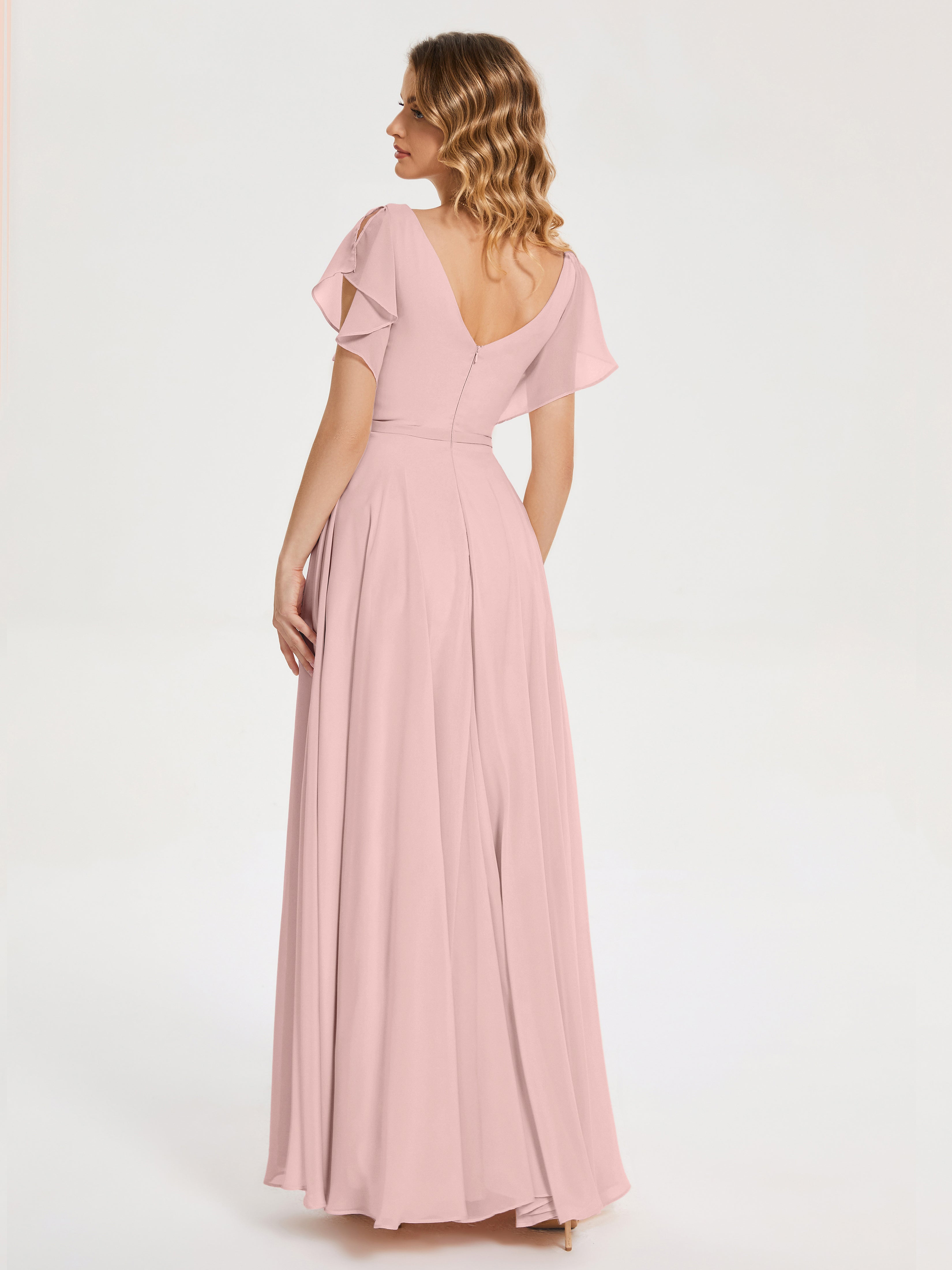 Robe Rose Poudrée Demoiselle D Honneur Col V Fendue Mousseline Robes Demoiselle D'Honneur À Volants