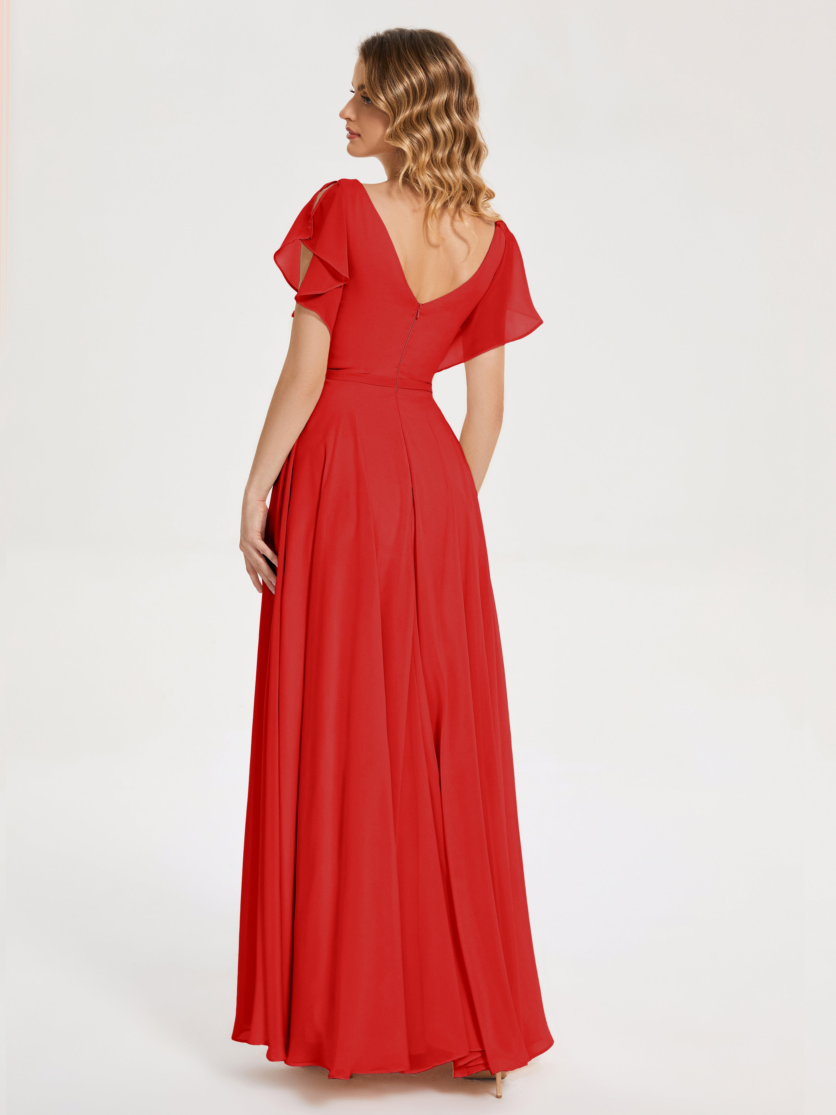 Robe Demoiselle D Honneur Rouge Col V Fendue Mousseline Robes Demoiselle D'Honneur À Volants