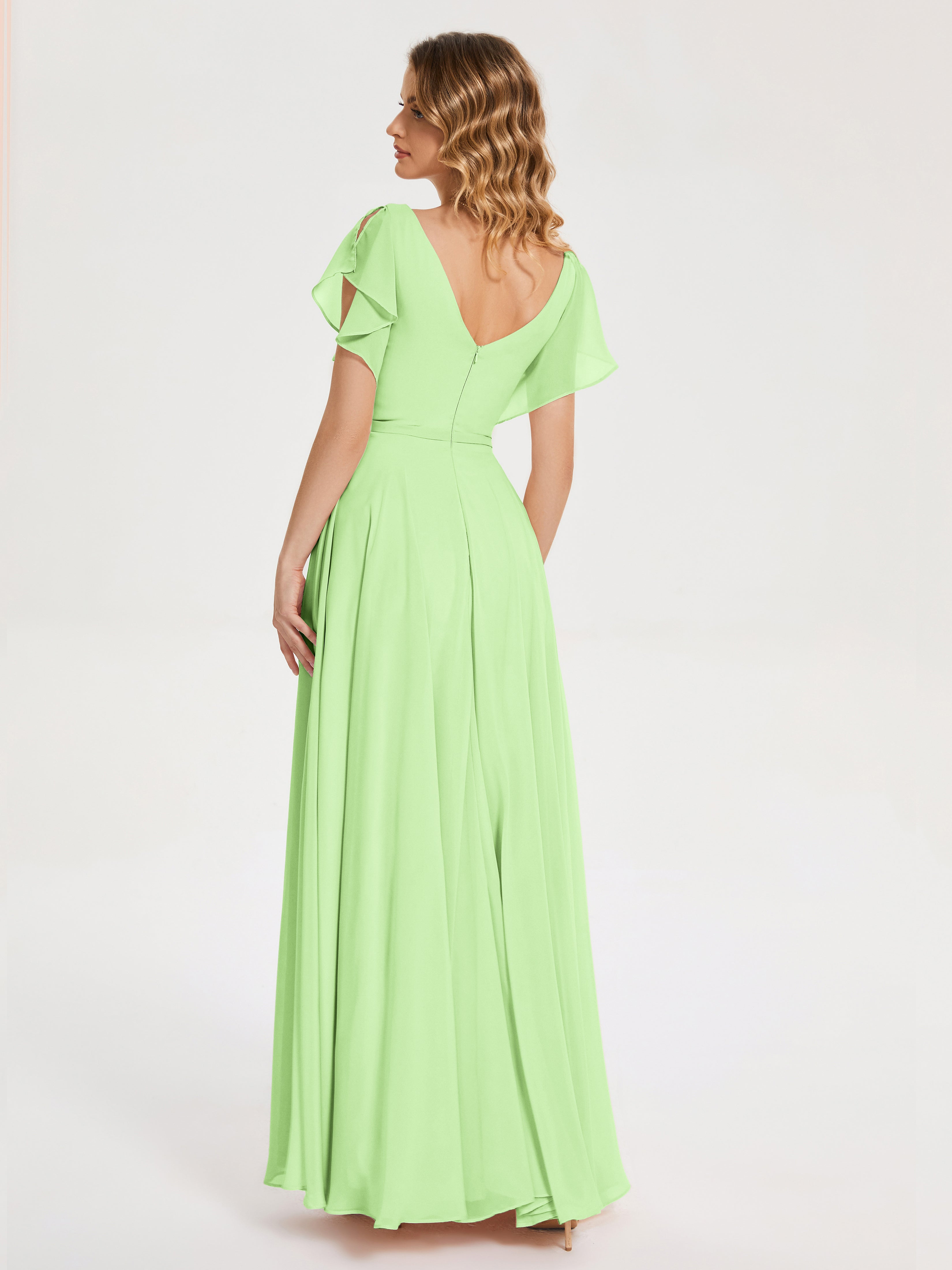 Robe Demoiselle D Honneur Verte Sauge Col V Fendue Mousseline Robes Demoiselle D'Honneur À Volants