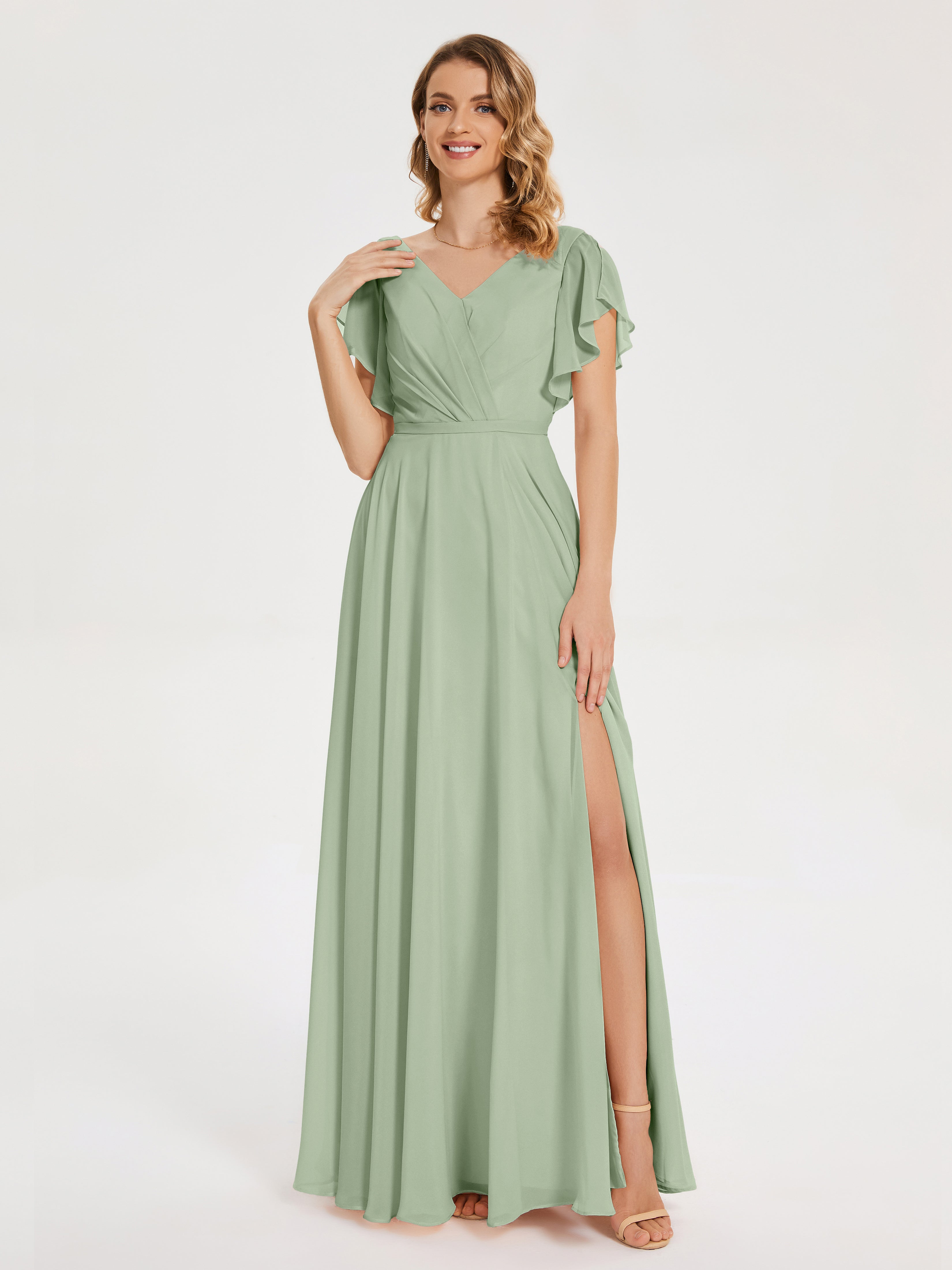 Robes De Demoiselle D'Honneur Couleur Sauge Poussiéreuse Col V Fendue Mousseline Robes Demoiselle D'Honneur À Volants