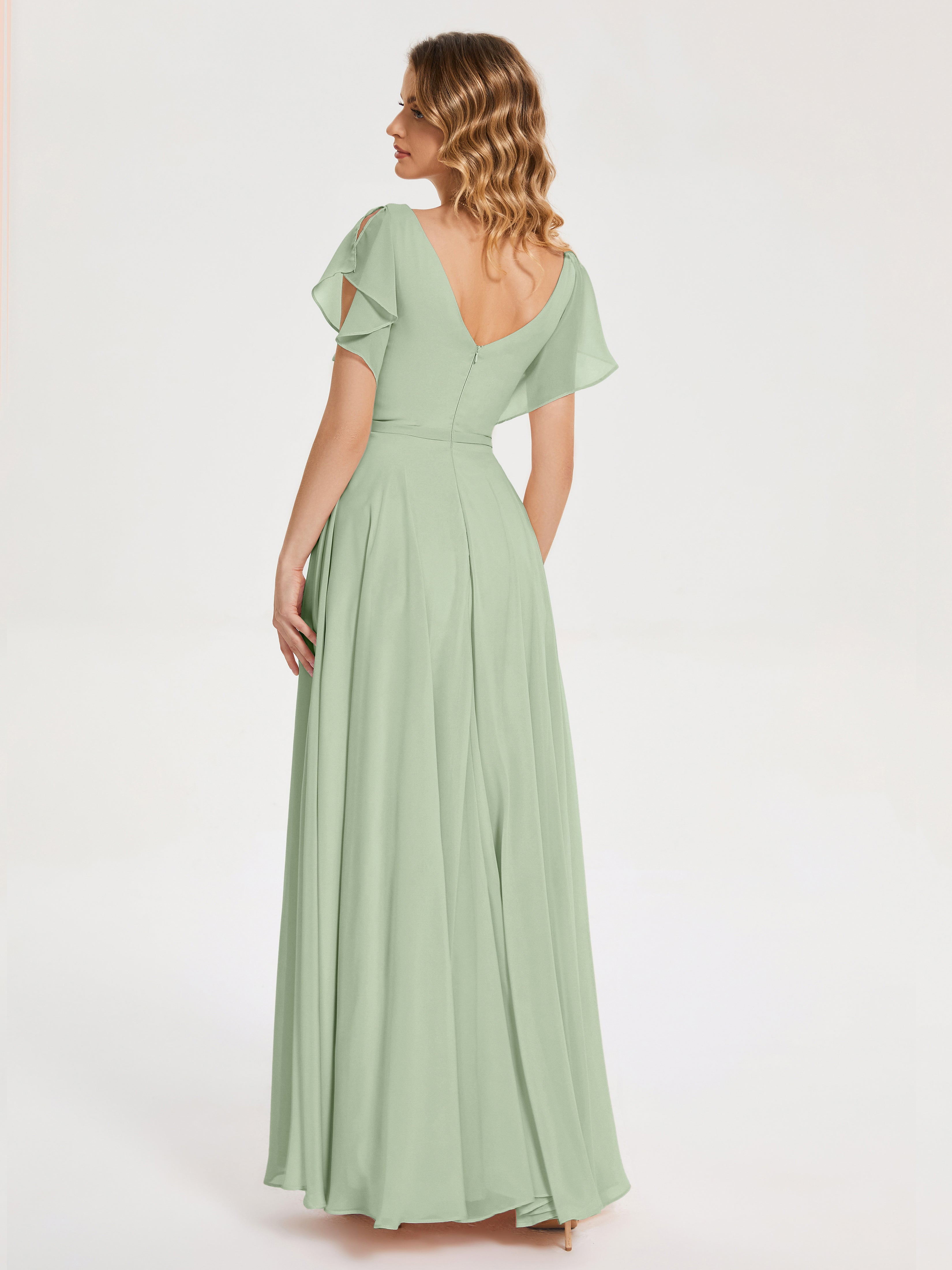 Robes De Demoiselle D'Honneur Couleur Sauge Poussiéreuse Col V Fendue Mousseline Robes Demoiselle D'Honneur À Volants