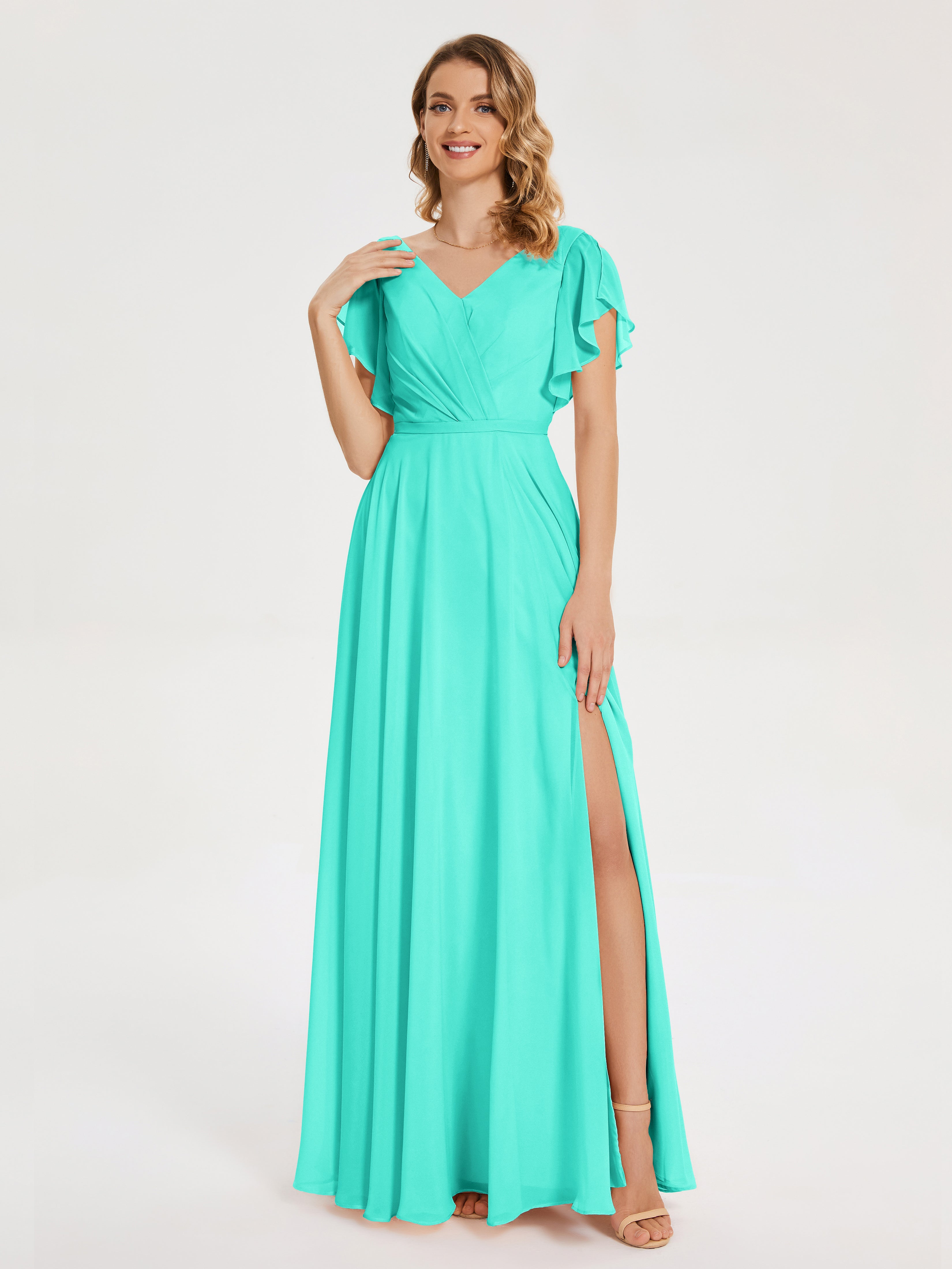Robes De Demoiselle D'Honneur Spa Col V Fendue Mousseline Robes Demoiselle D'Honneur À Volants