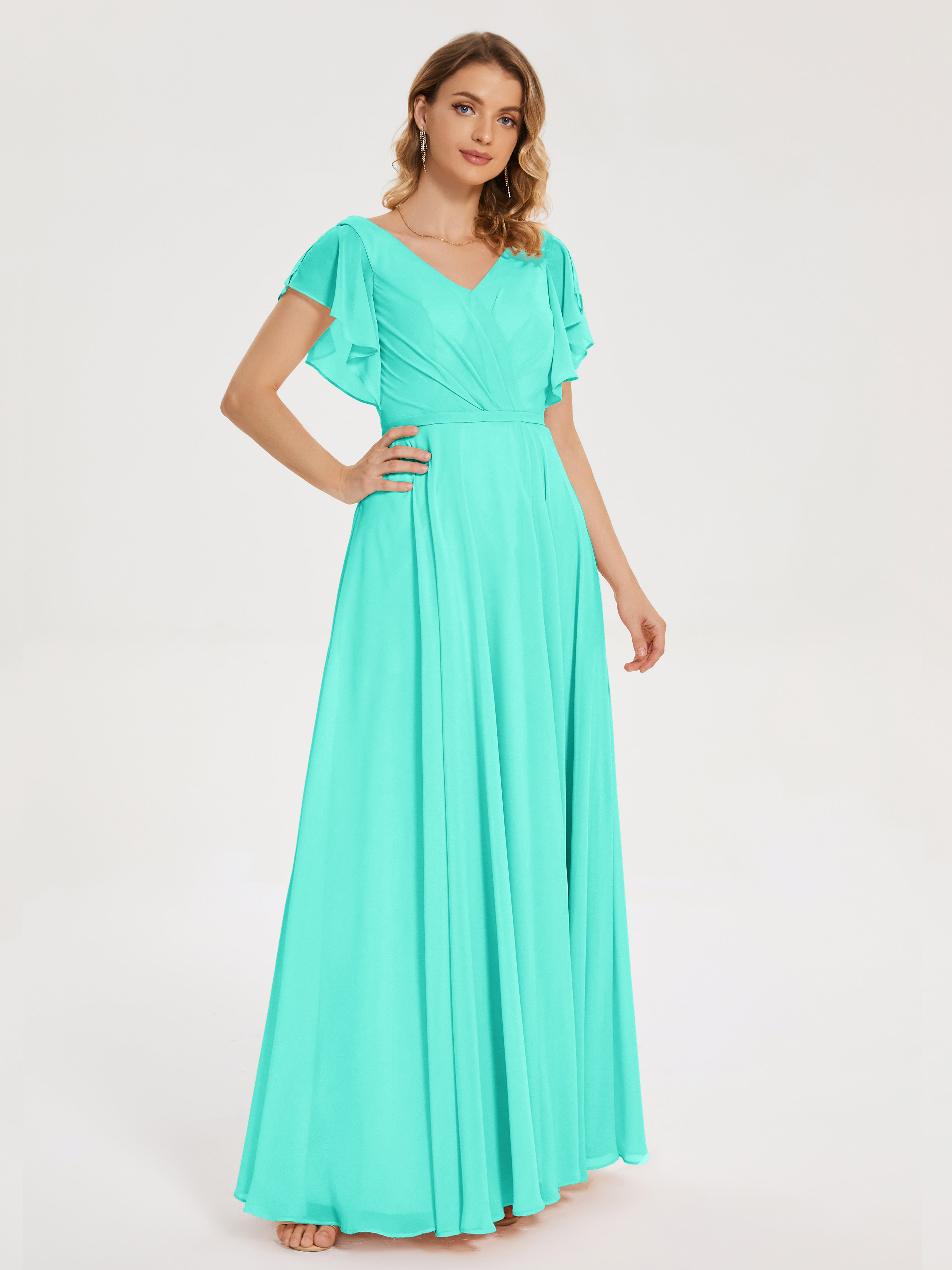 Robes De Demoiselle D'Honneur Spa Col V Fendue Mousseline Robes Demoiselle D'Honneur À Volants